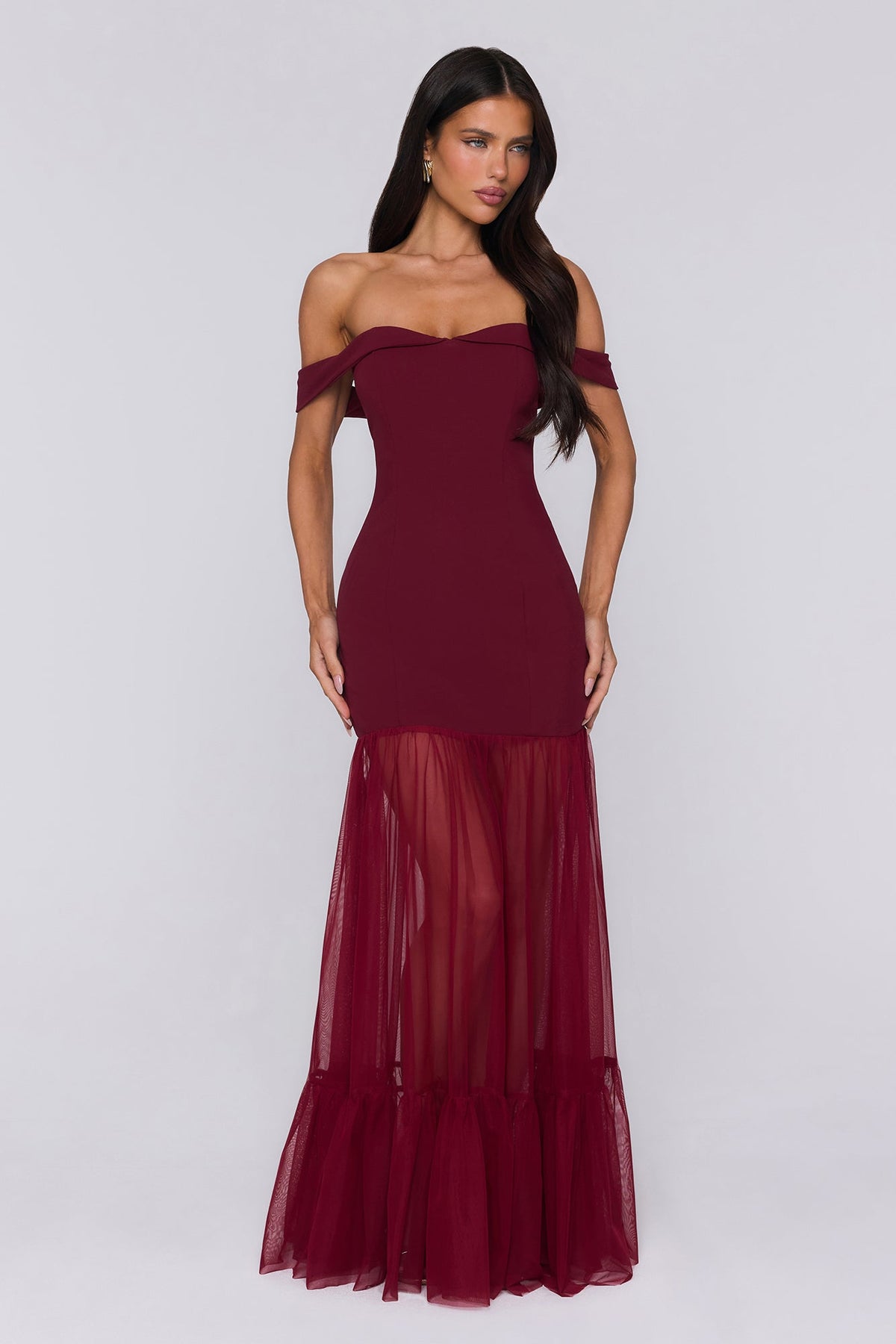Pretty Lullaby Off Shoulder Maxi Dress Burgundy