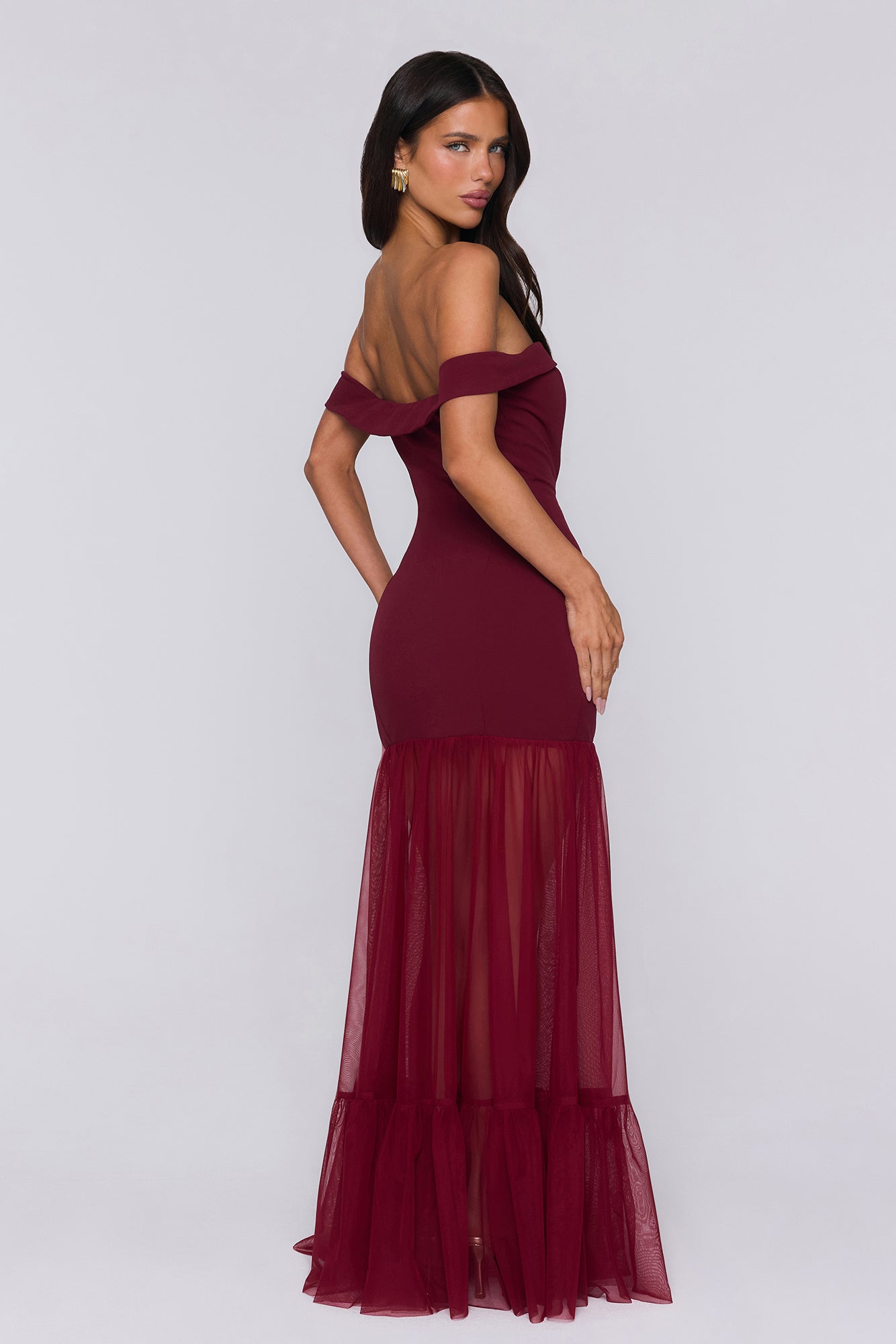 Pretty Lullaby Off Shoulder Maxi Dress Burgundy