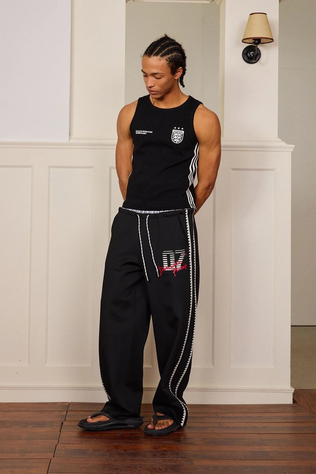 DONSMOKE Plaid Double-Waist Contrast Webbing Sweatpants