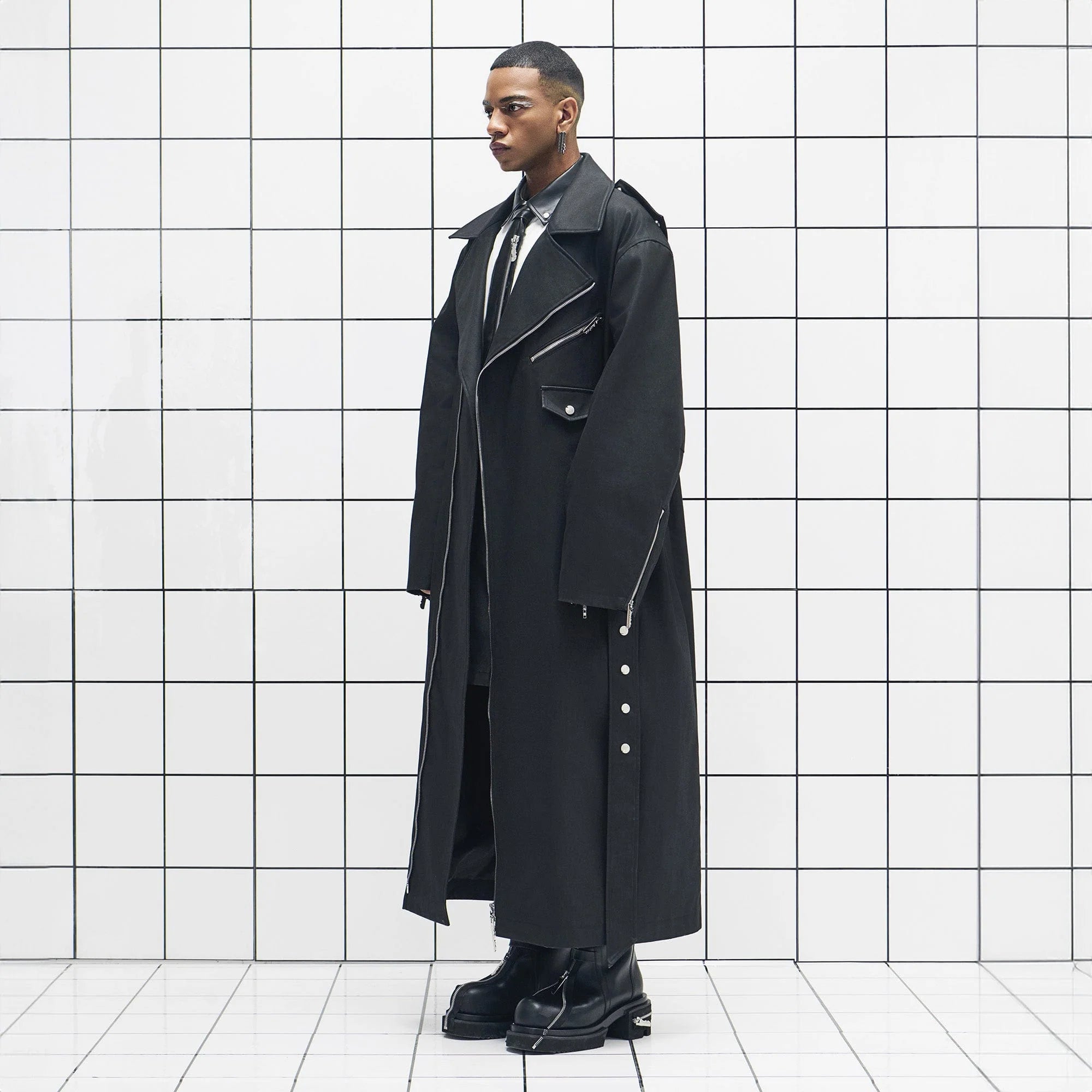 455EMBLE Snap-Fastener PU Trench Coat