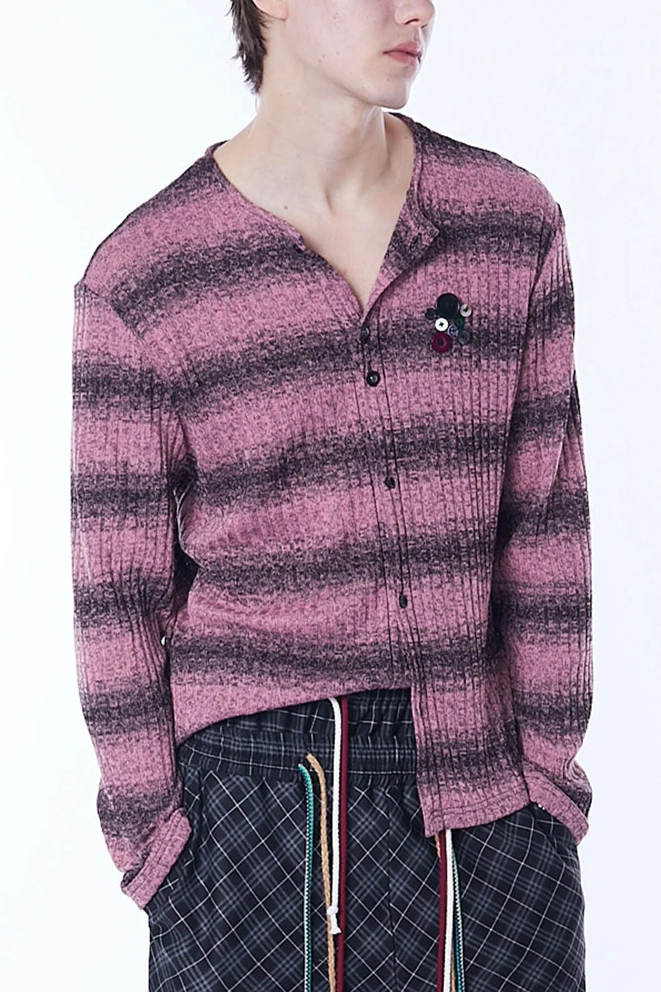 ASSEEN Horizontal Gradient Stripe Button Cardigan Pink