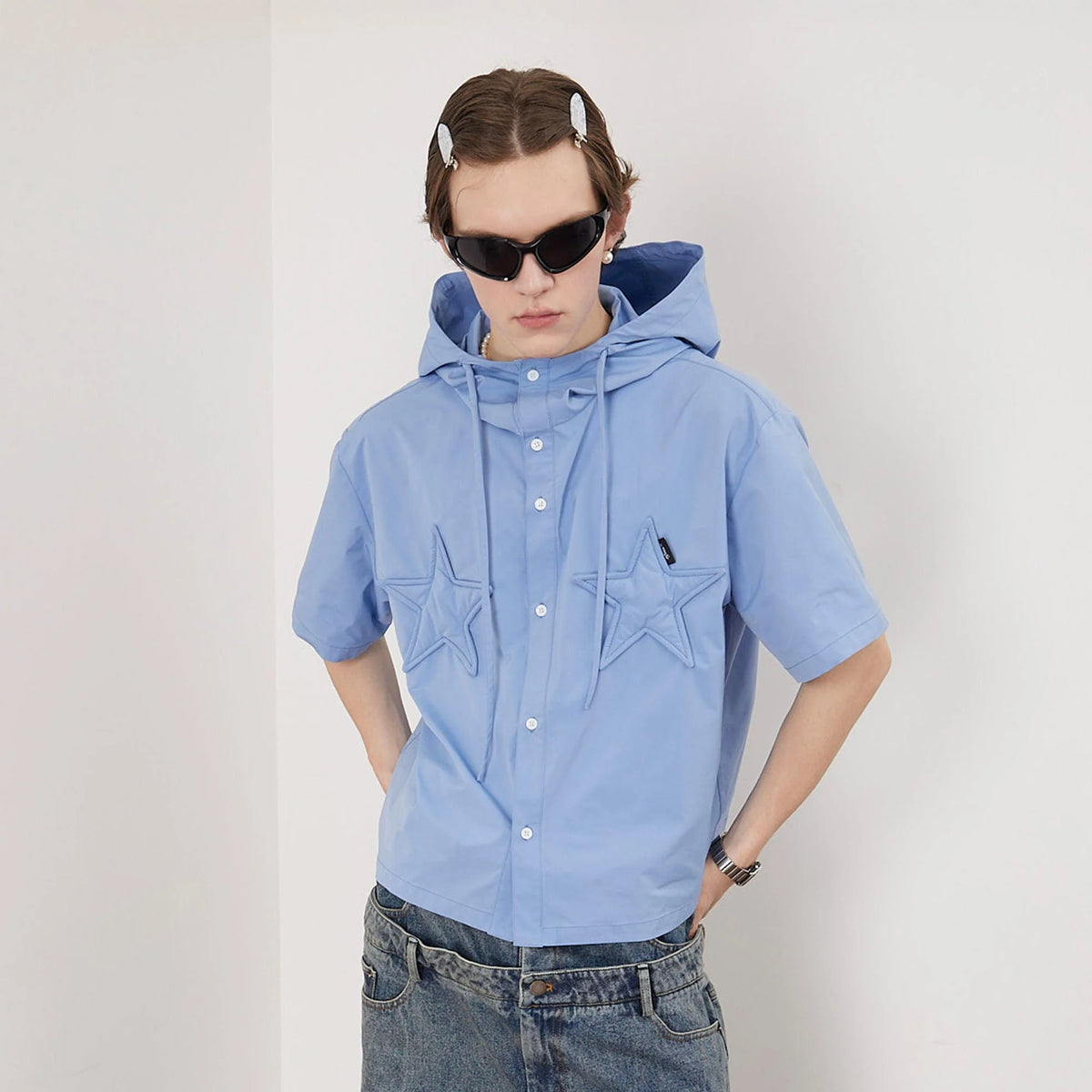 ASSEEN Star Patchwork Hooded Half Shirt