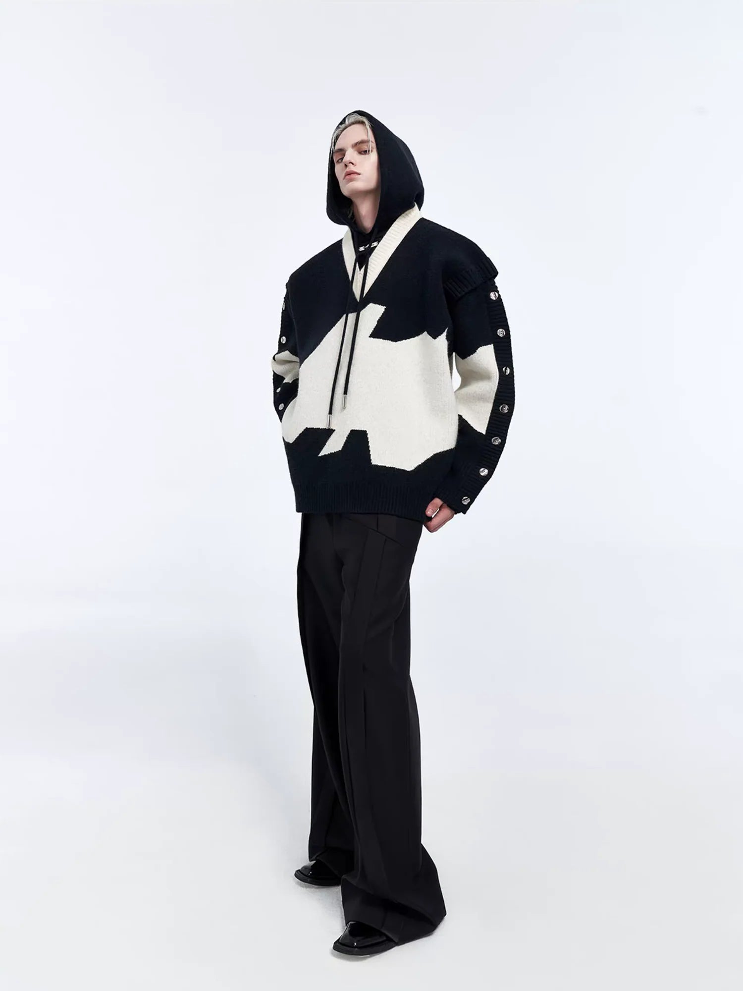 TIWILLTANG Contrast Layered Snap-Sleeves Knit Hoodie