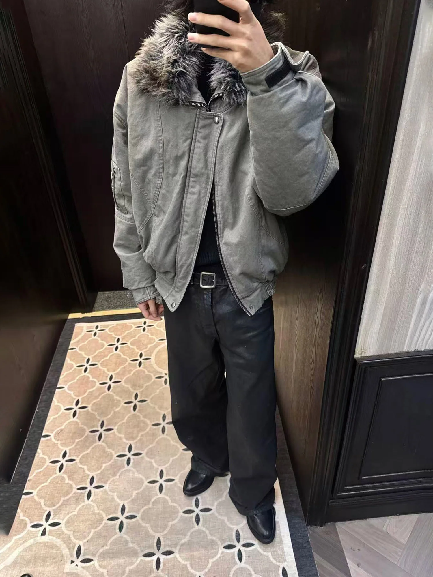 TRECLUB Faux-Fur Lining Washed Bomber Jacket