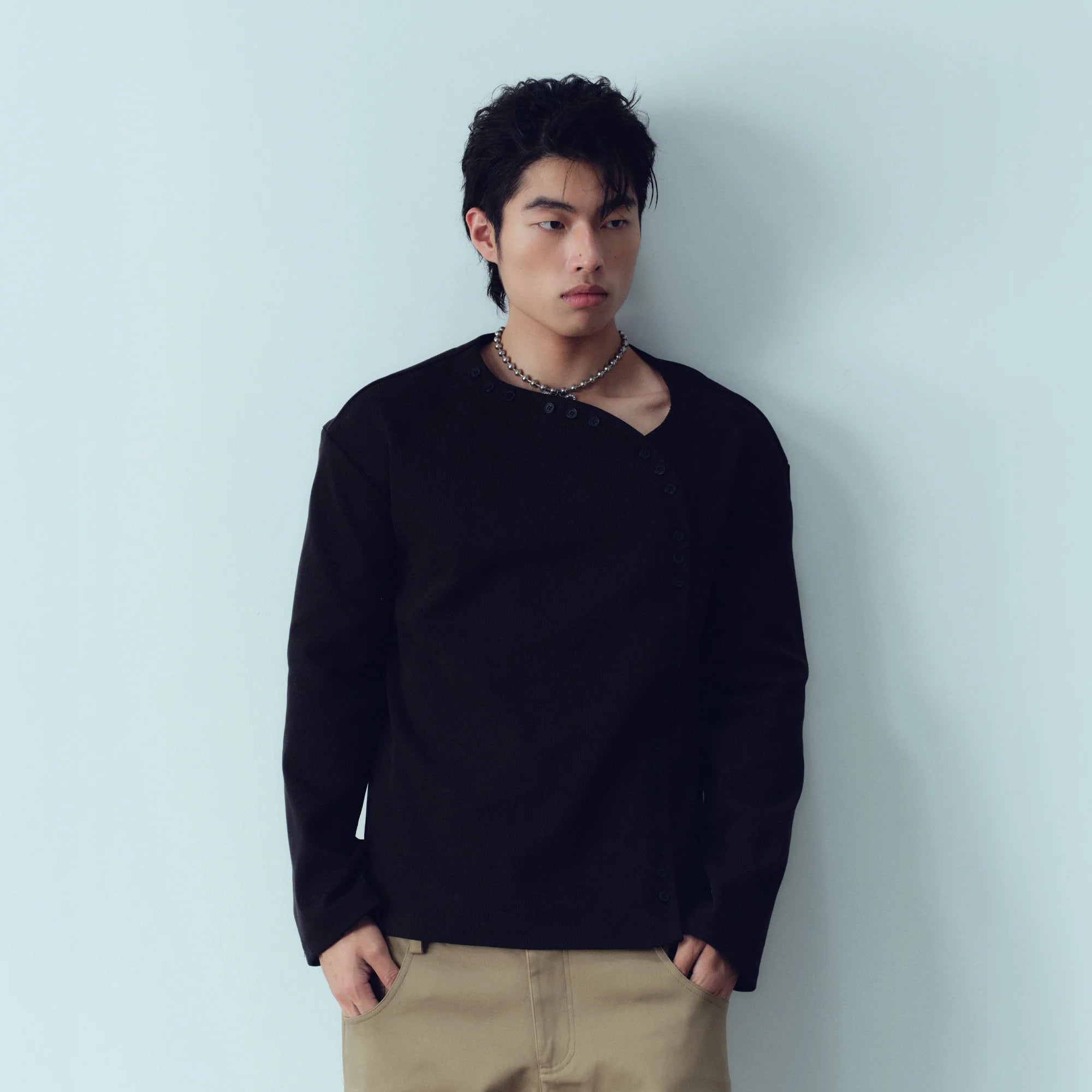KADAKADA Buttoned Curved Placket Ribbed Knit Top