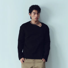 KADAKADA Buttoned Curved Placket Ribbed Knit Top