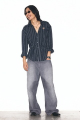 TRECLUB Striped Embroidered Drawstring-Waist Shirt