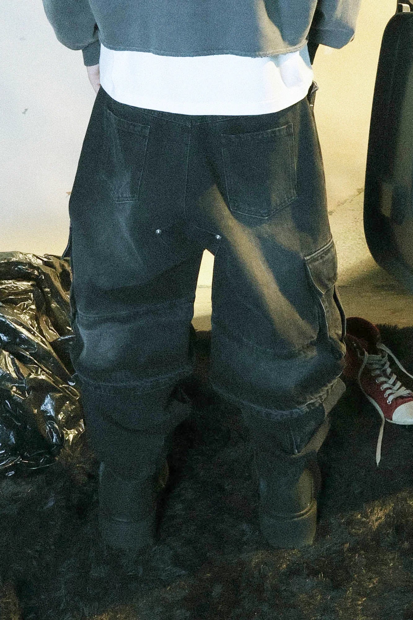 PCCVISION Washed Double-Layered Multi-Pockets Jeans