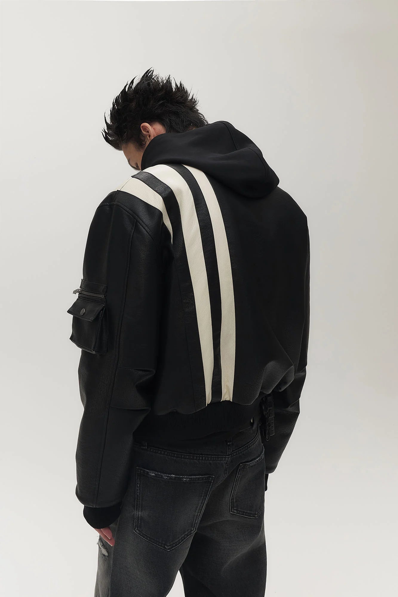 SAVAGEGROWTHWORLD Striped Faux Leather Padded Bomber Jacket