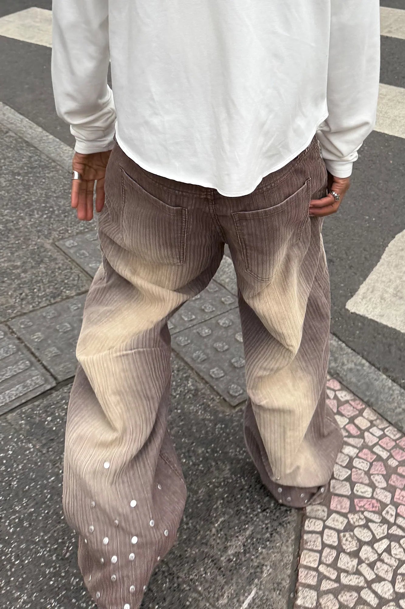 STEEPC Washed Striped Corduroy Studded Wide-Leg Pants
