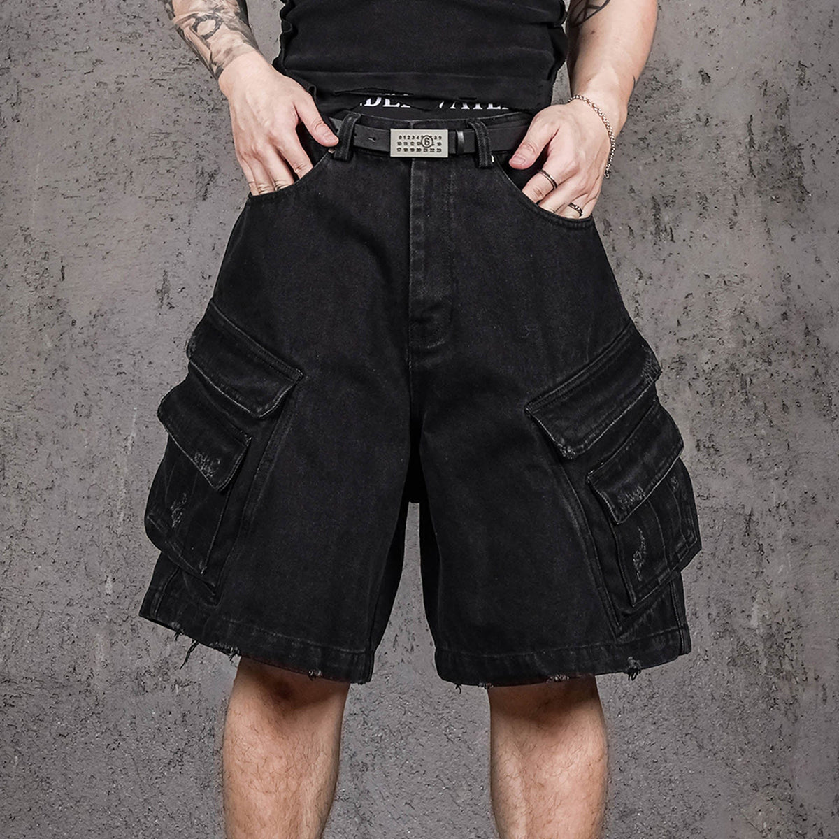 UNDERWATER Layered-Pocket Distressed Denim Shorts