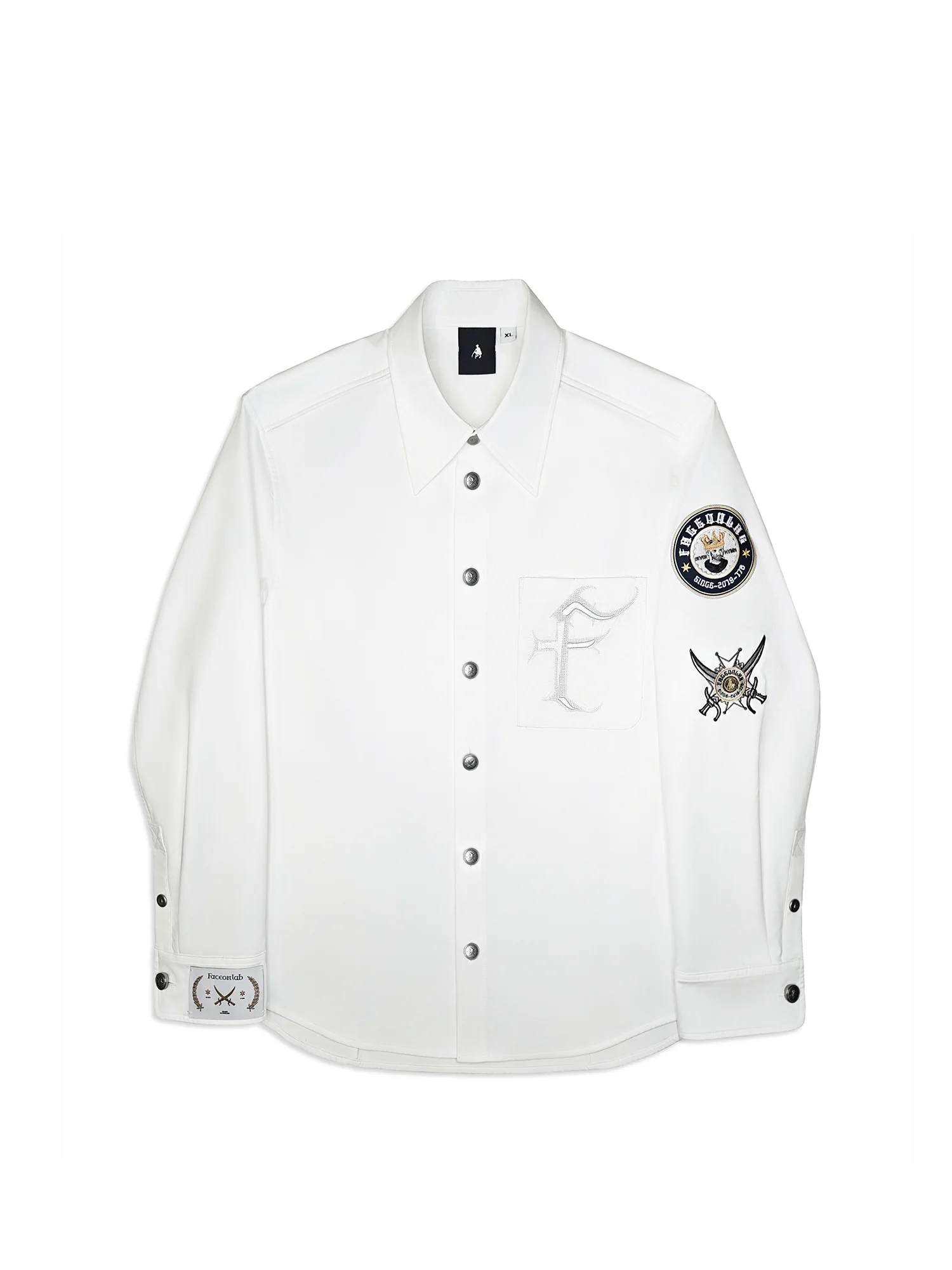 FACEONLAB Mental-Button Embroidered Badge-Patch Shirt White