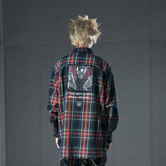 VENTUREK Distressed Back-Patch Frayed Plaid Shirt