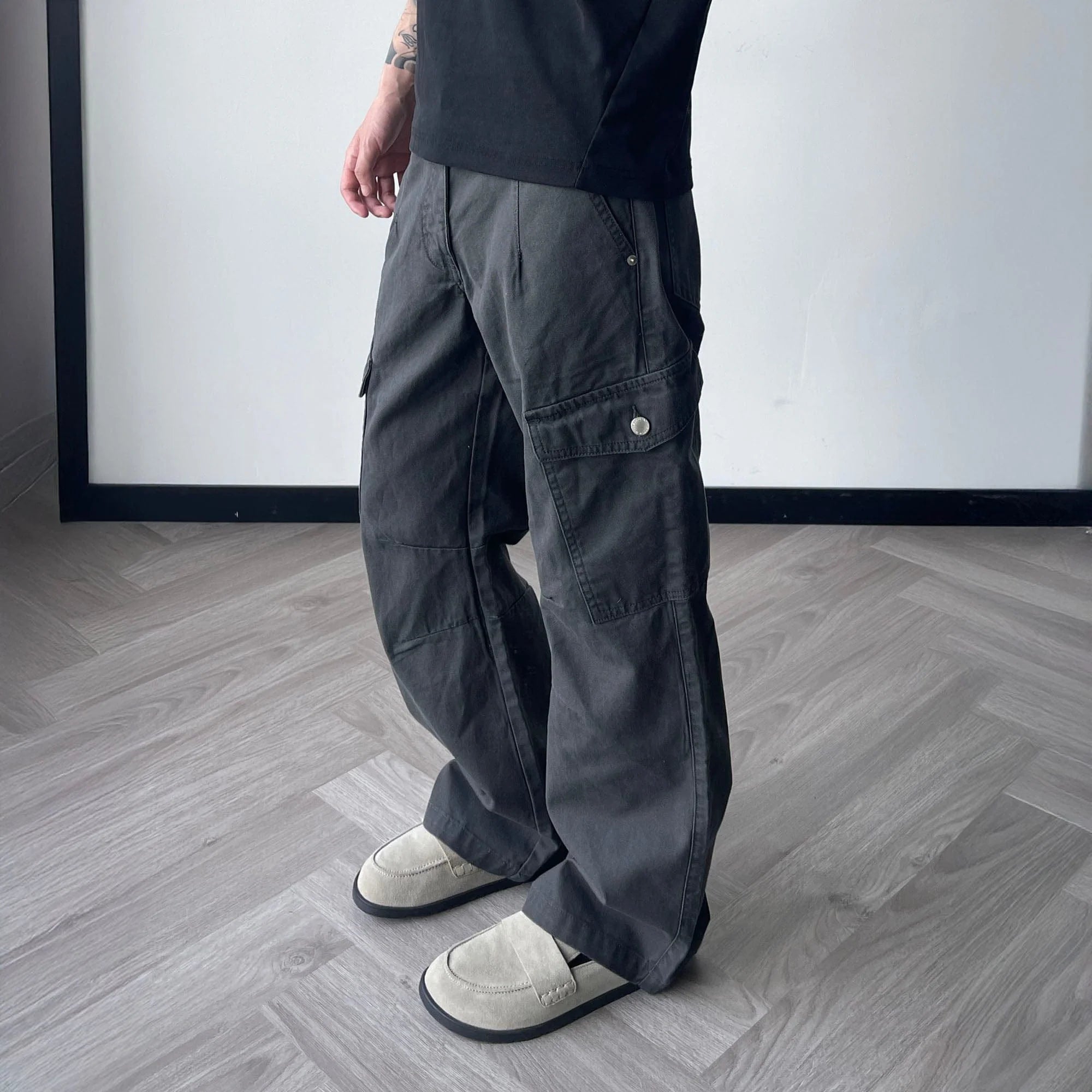 OKAYTHXBYE Washed Button Flap-Pocket Cargo Pants