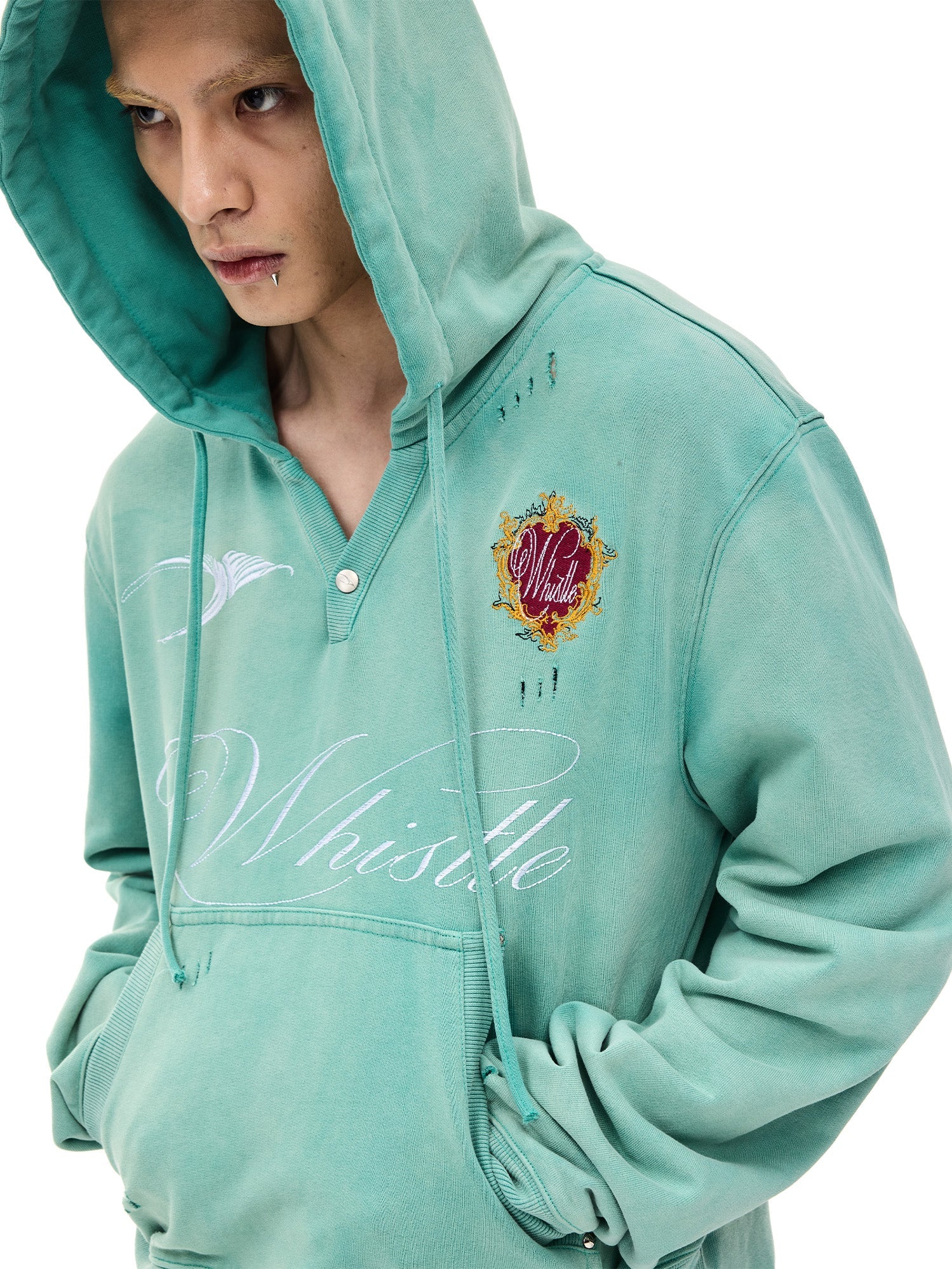 WHISTLEHUNTER Distressed Embroidered V-Neck Hoodie