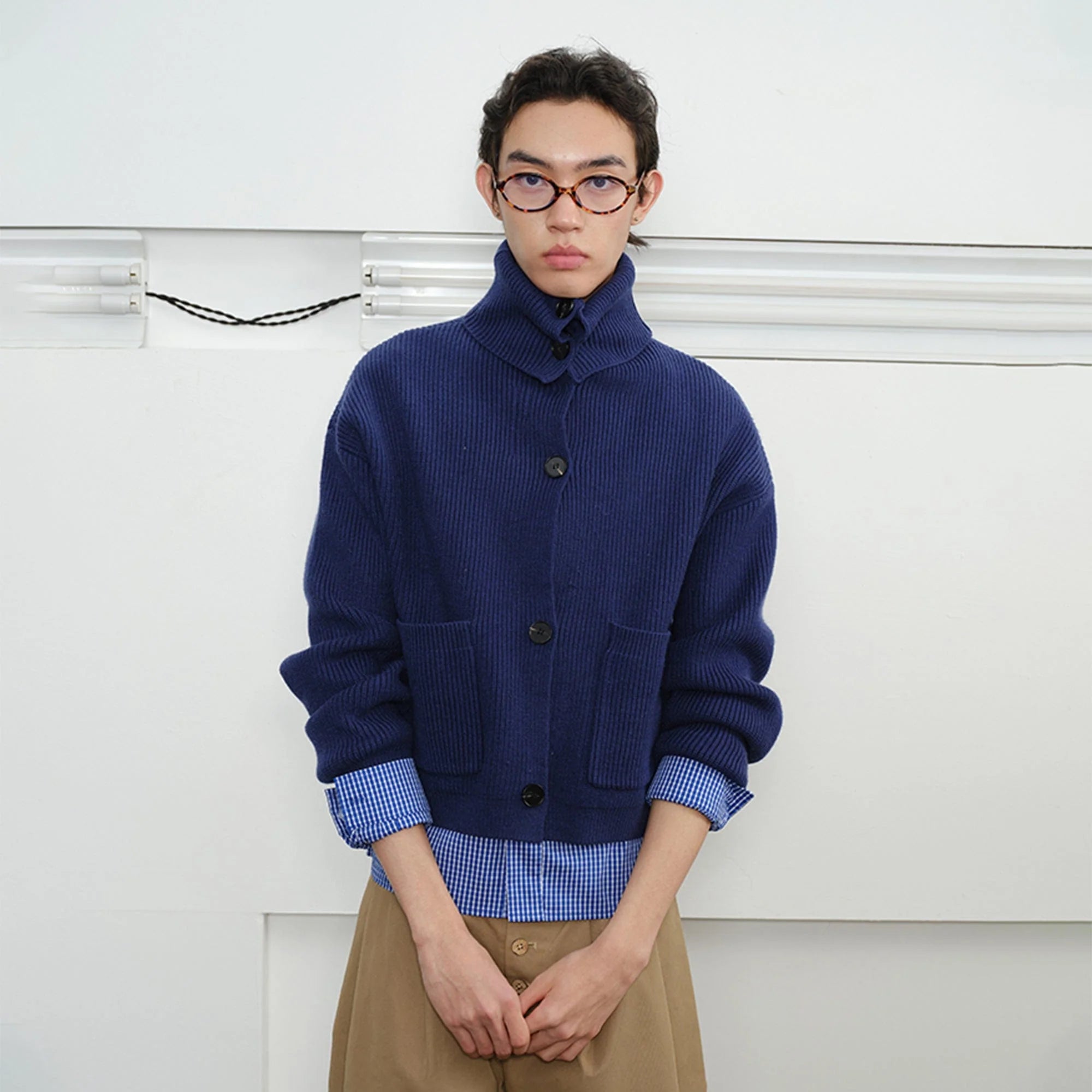 KREATE High-Collar Big-Pocket Button-Up Knitted Jacket