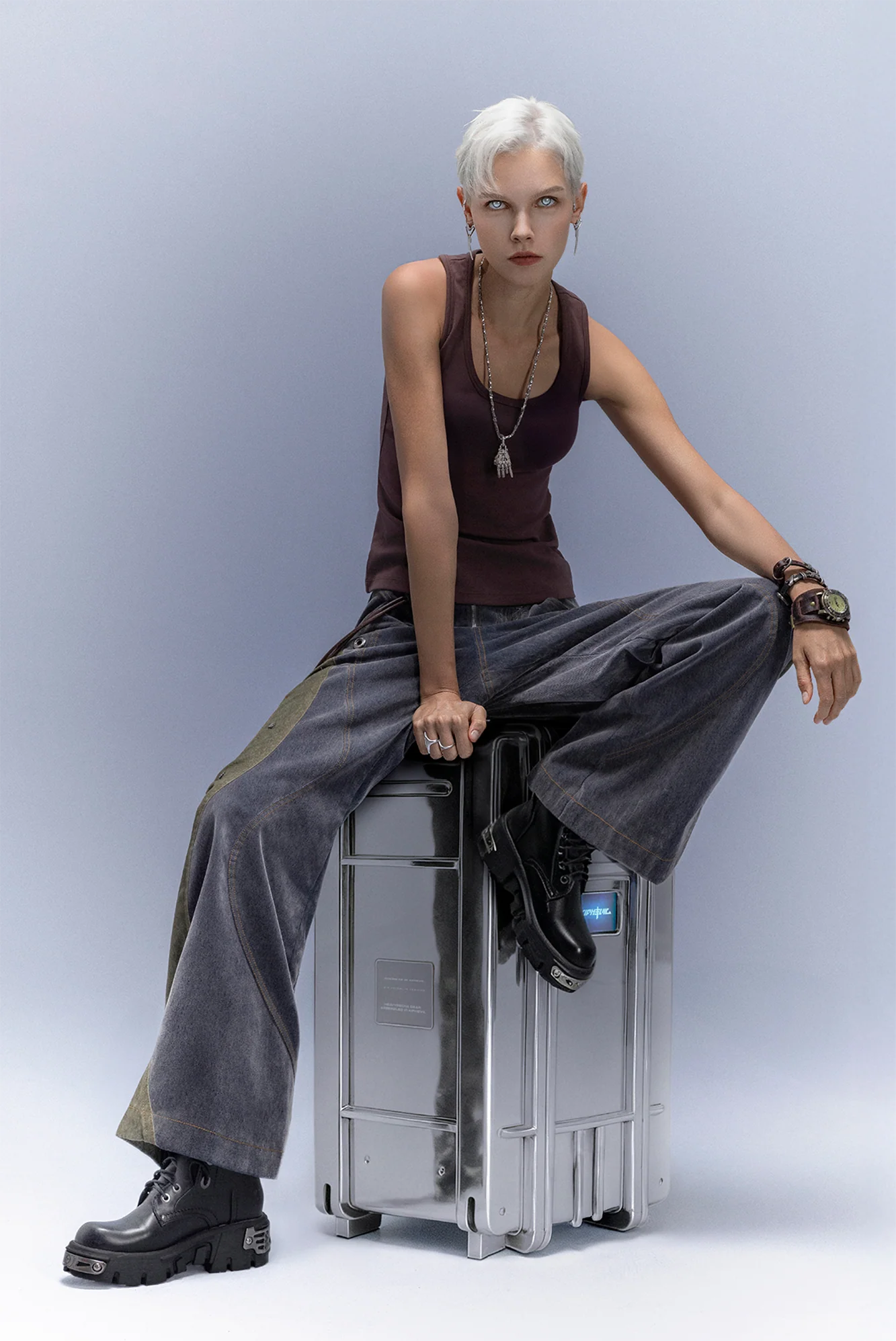 XIPHEVIL Washed Rivet Paneled Wide-Leg Pants