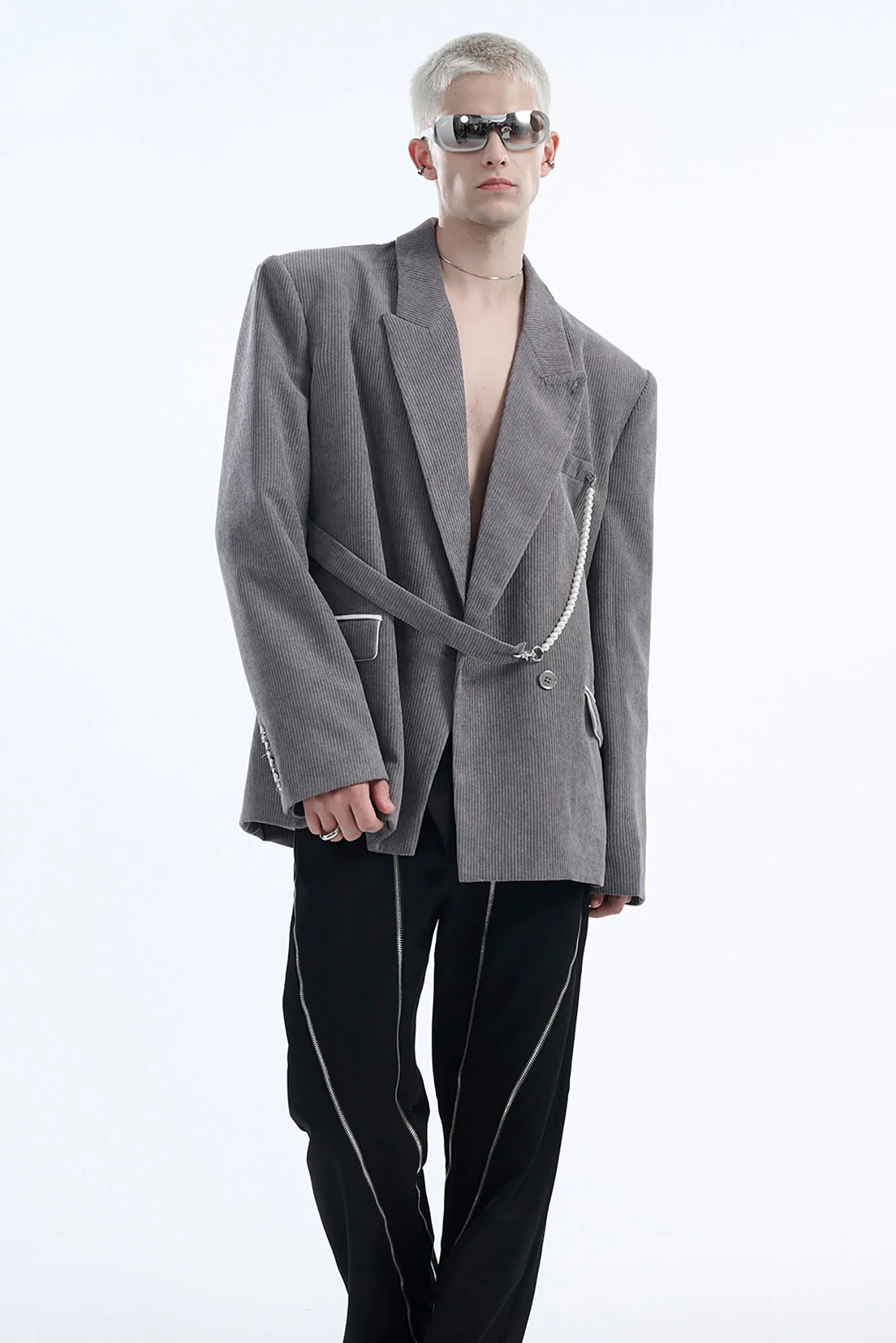 TIWILLTANG Asymmetrical Strap Pearl-Chain Corduroy Blazer
