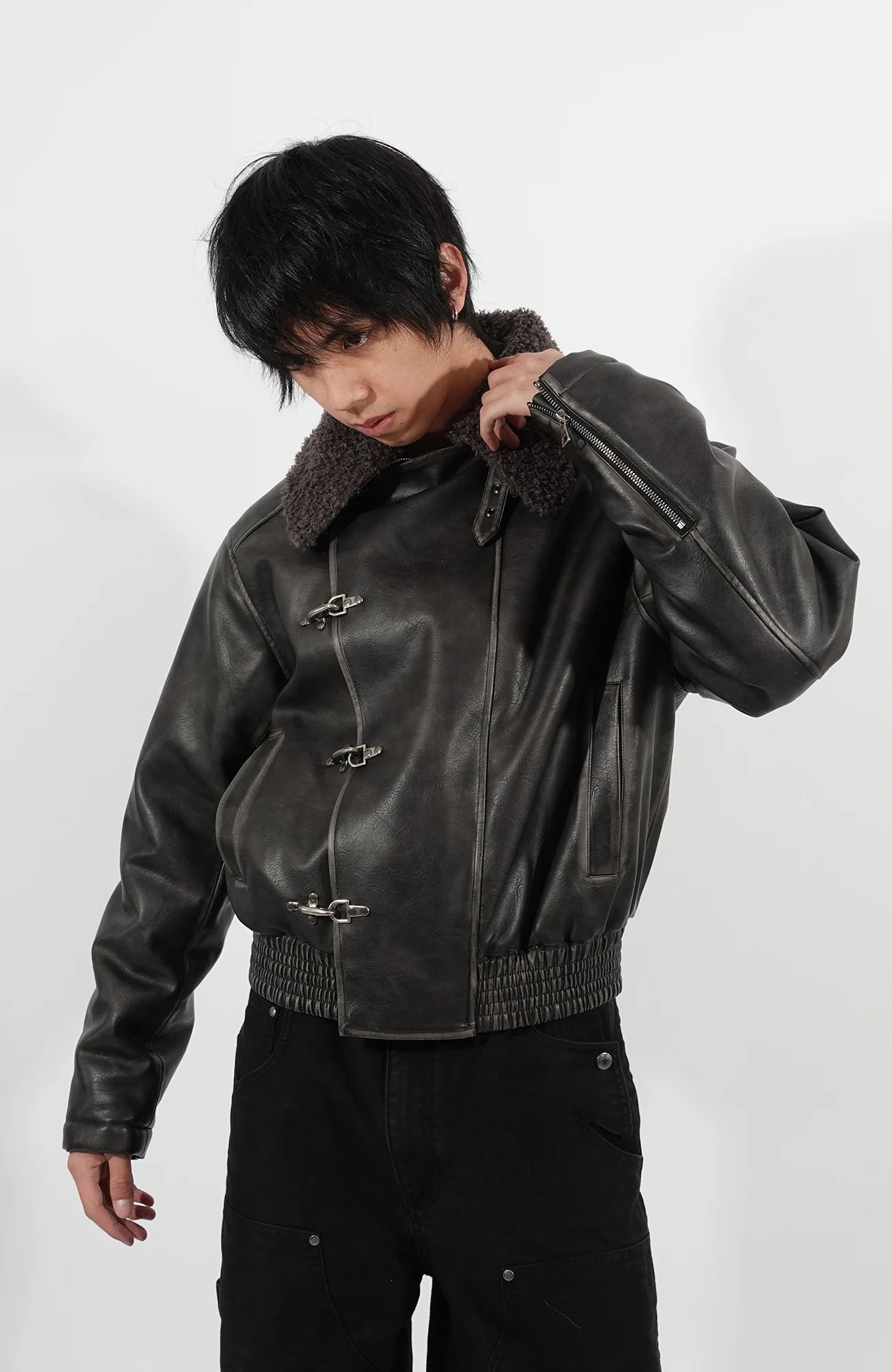 IN EXISTENCE Asymmetric Placket Washed Moto Jacket