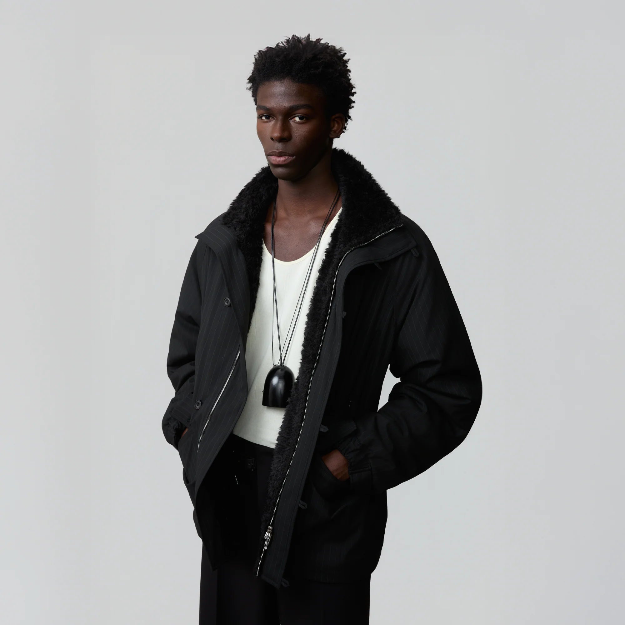 OPICLOTH Pinstriped Faux Fur-Lined Drawstring Jacket