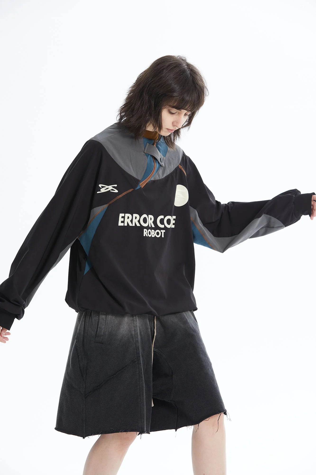 ERROR CODE ROBOT Asymmetric Zip Contrast Panel Sweatshirt