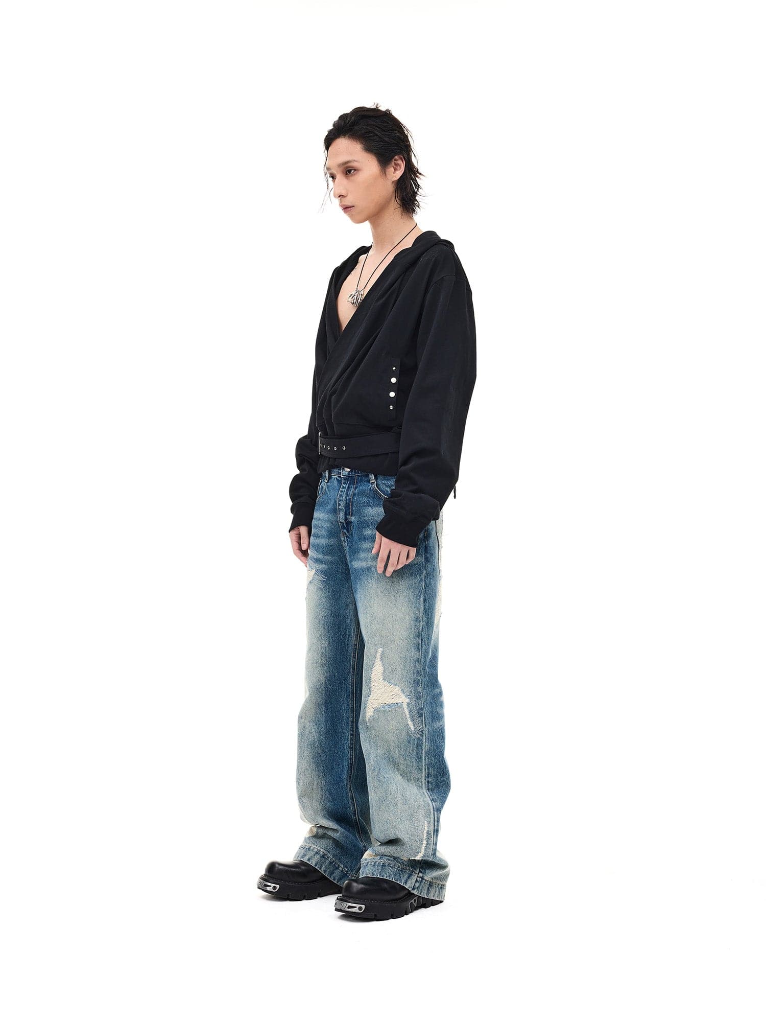 WHISTLEHUNTER Detachable-Belt Deep V-Cut Hardware Hoodie