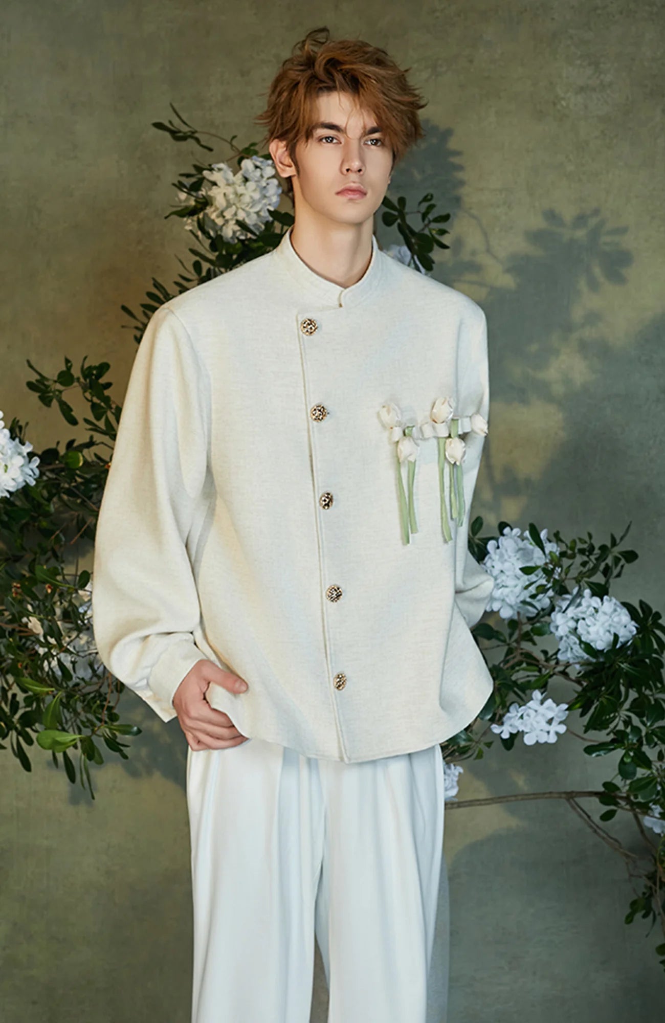 JIECHI Asym Placket Floral Embellished Blazer
