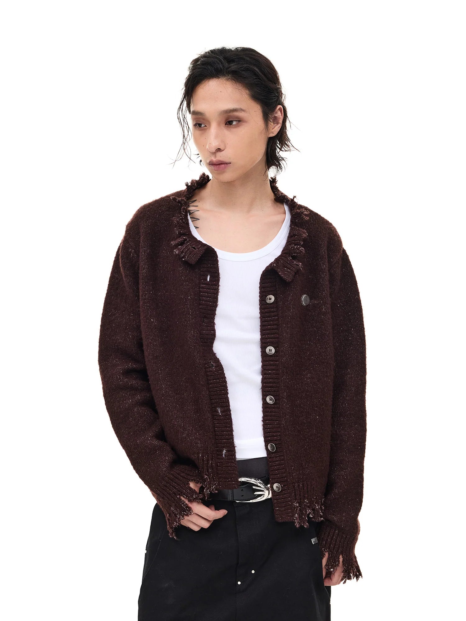 WHISTLEHUNTER Distressed Frayed-Edge Badge Cardigan