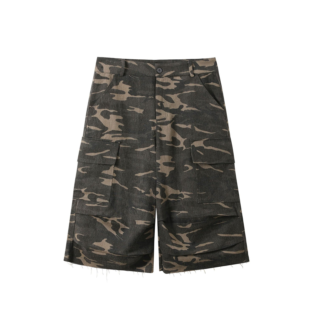 DONSMOKE Camo Multi-Pocket Raw-Edge Curved Shorts