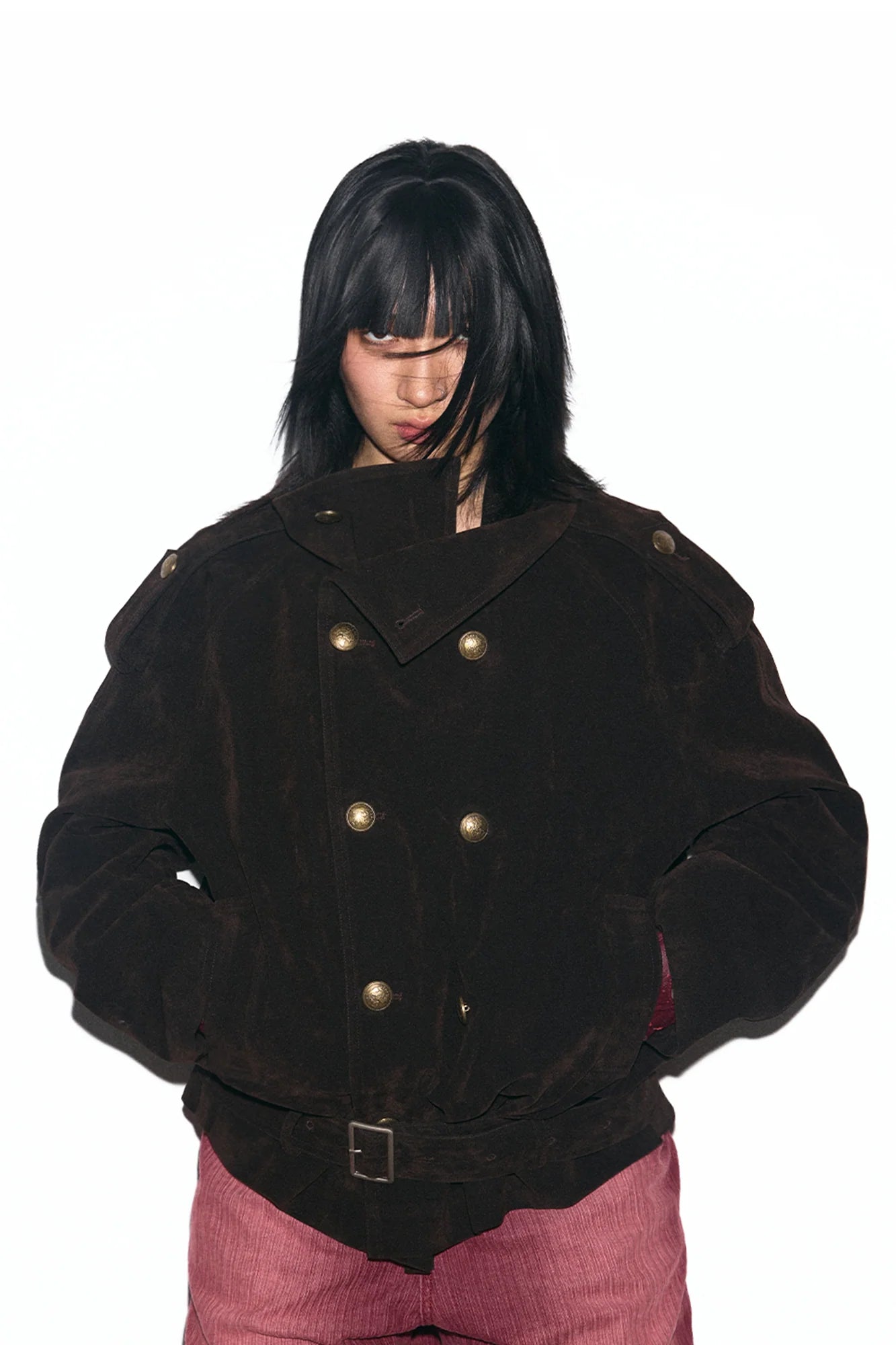 TRECLUB Velvet Double-Breasted Short Trench Jacket