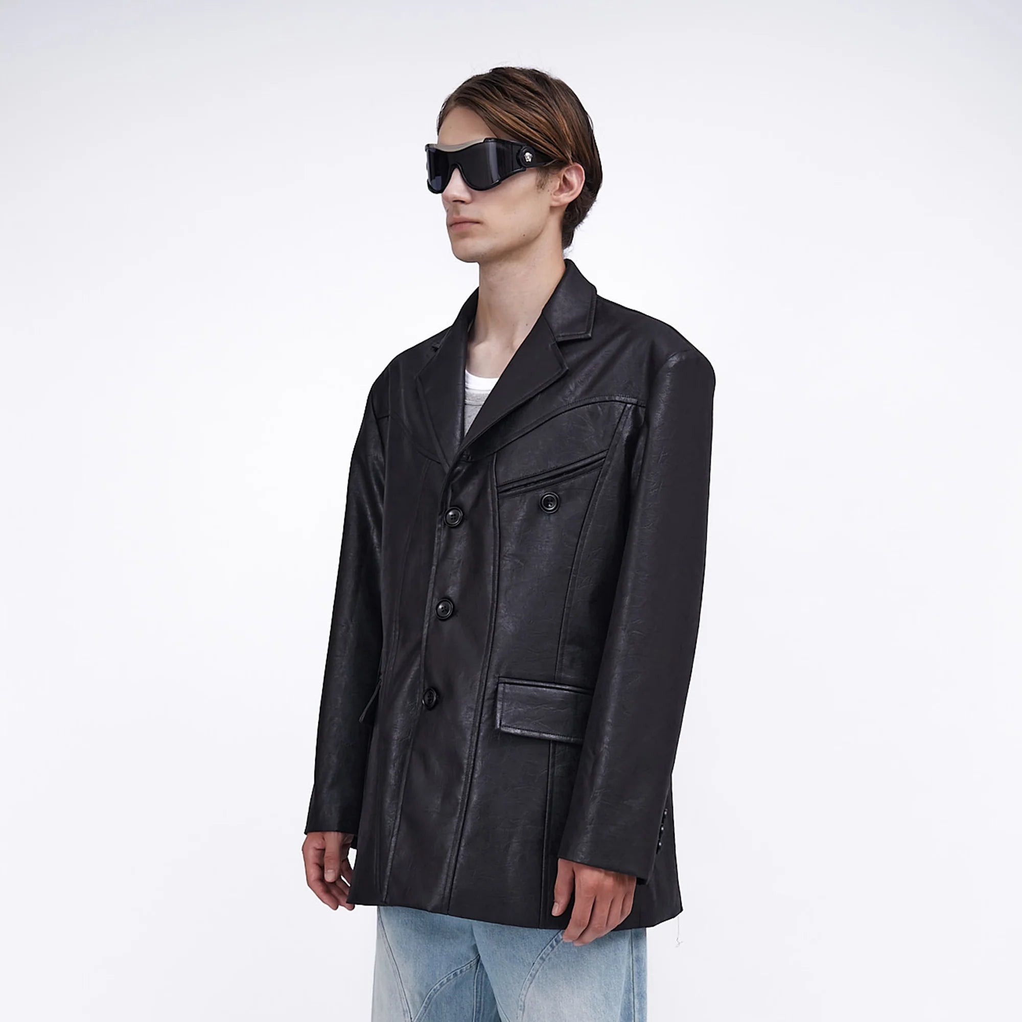 ASSEEN Oversized Faux Leather Curved Stitch Blazer