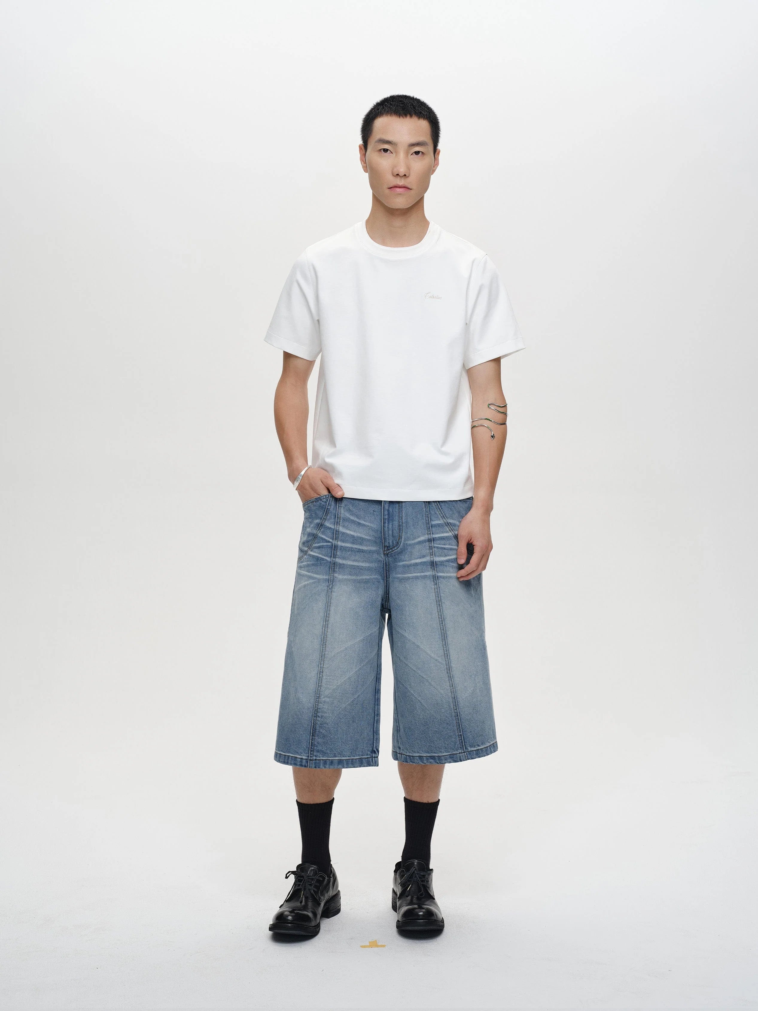 CATSSTAC Whisker-Wash Middle-Spliced Wide-Leg Shorts