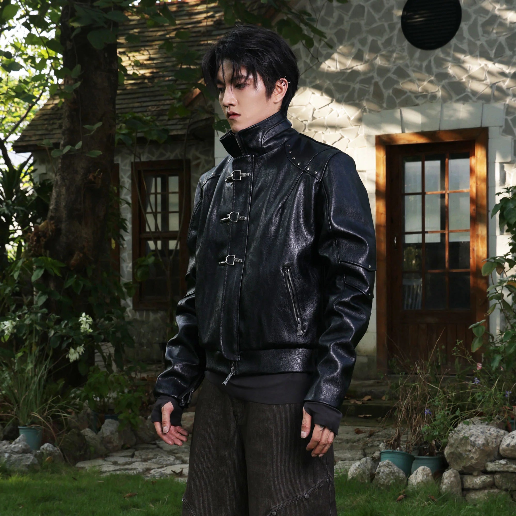 FLYERRER Hook-Buckle Faux Leather Rivet Jacket