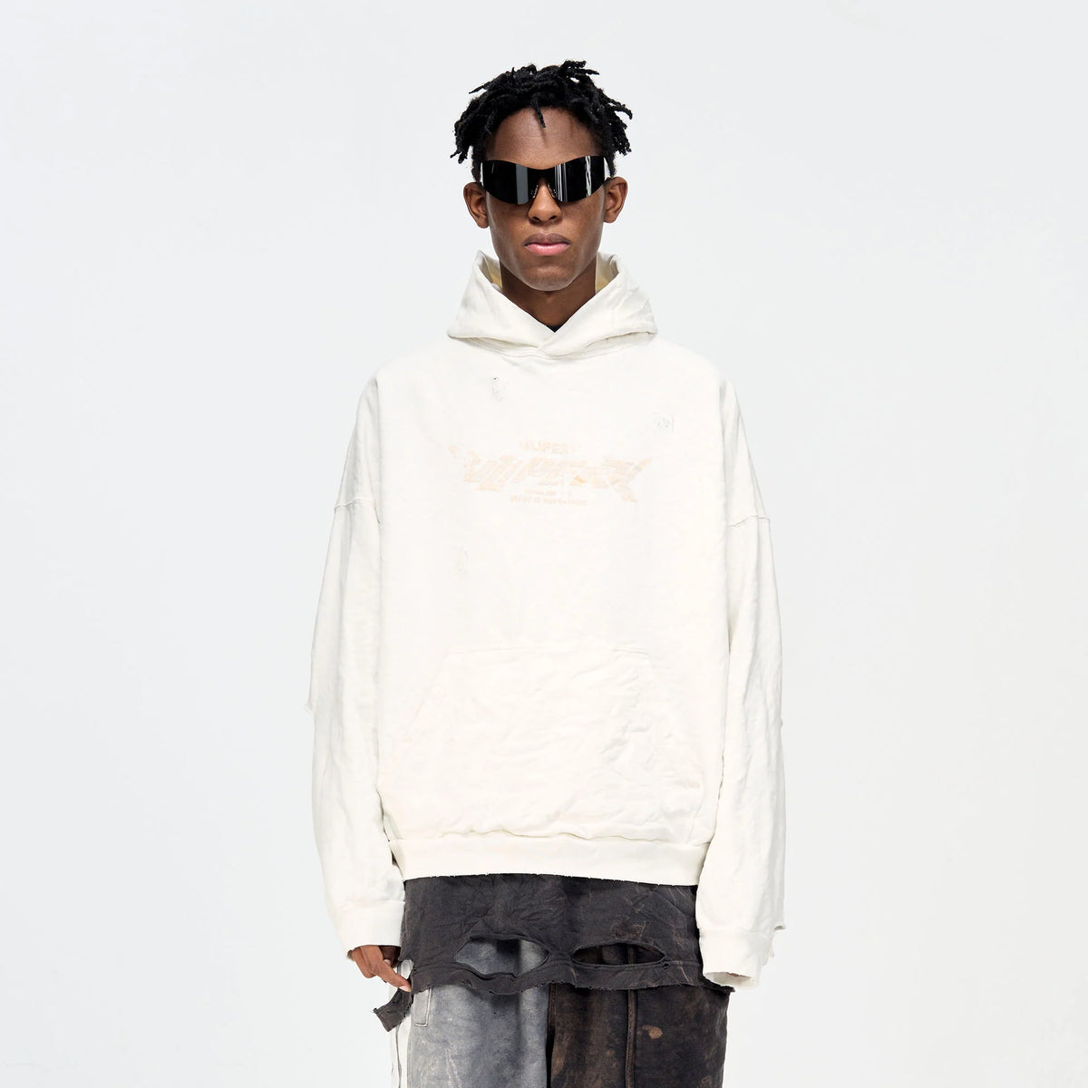 ULIPERY Dirty Fit Distressed Crinkled Hoodie White