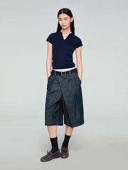 OPICLOTH Washed Asymmetric Fly Pleated Denim Shorts