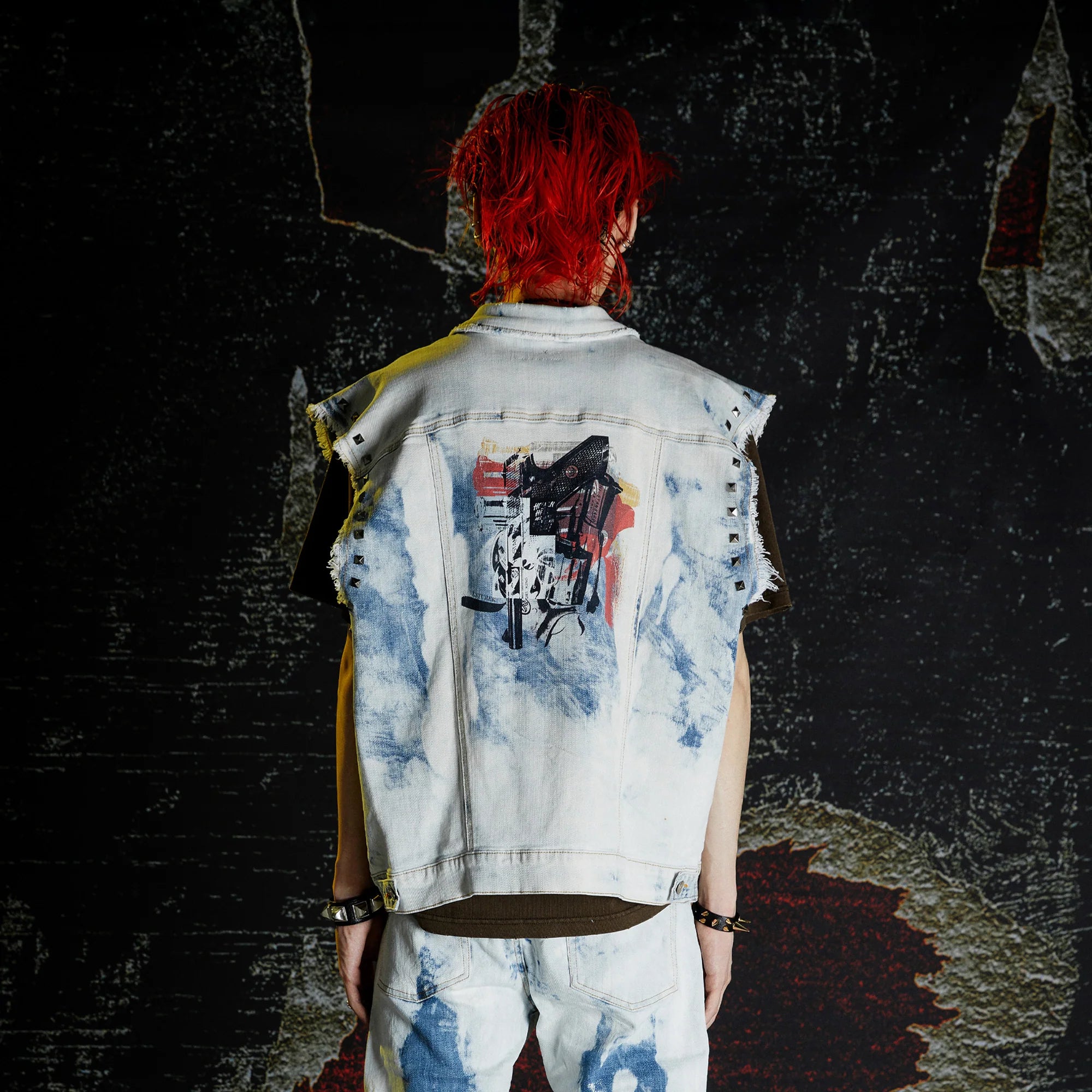 VENTUREK Distressed Washed Studded Patch Denim Vest