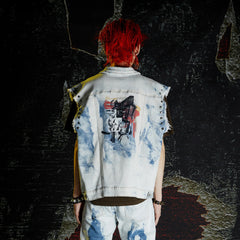 VENTUREK Distressed Washed Studded Patch Denim Vest