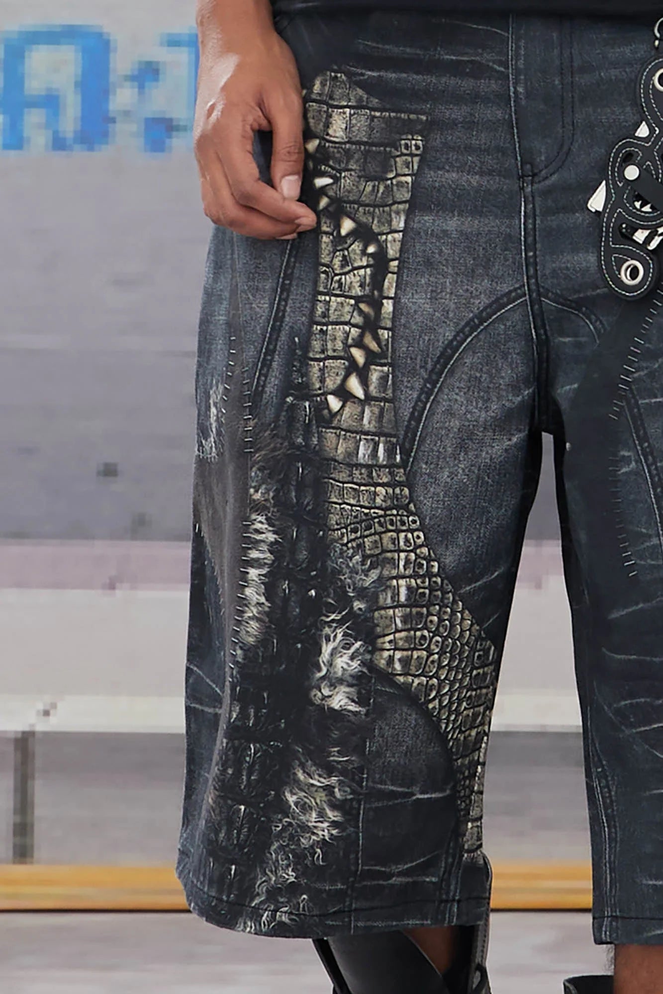 DND4DES Croc Cross Panel Washed Bermuda Denim Shorts