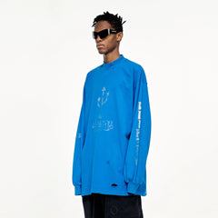 ULIPERY Distressed USB Graphic Long Sleeve Tee Blue