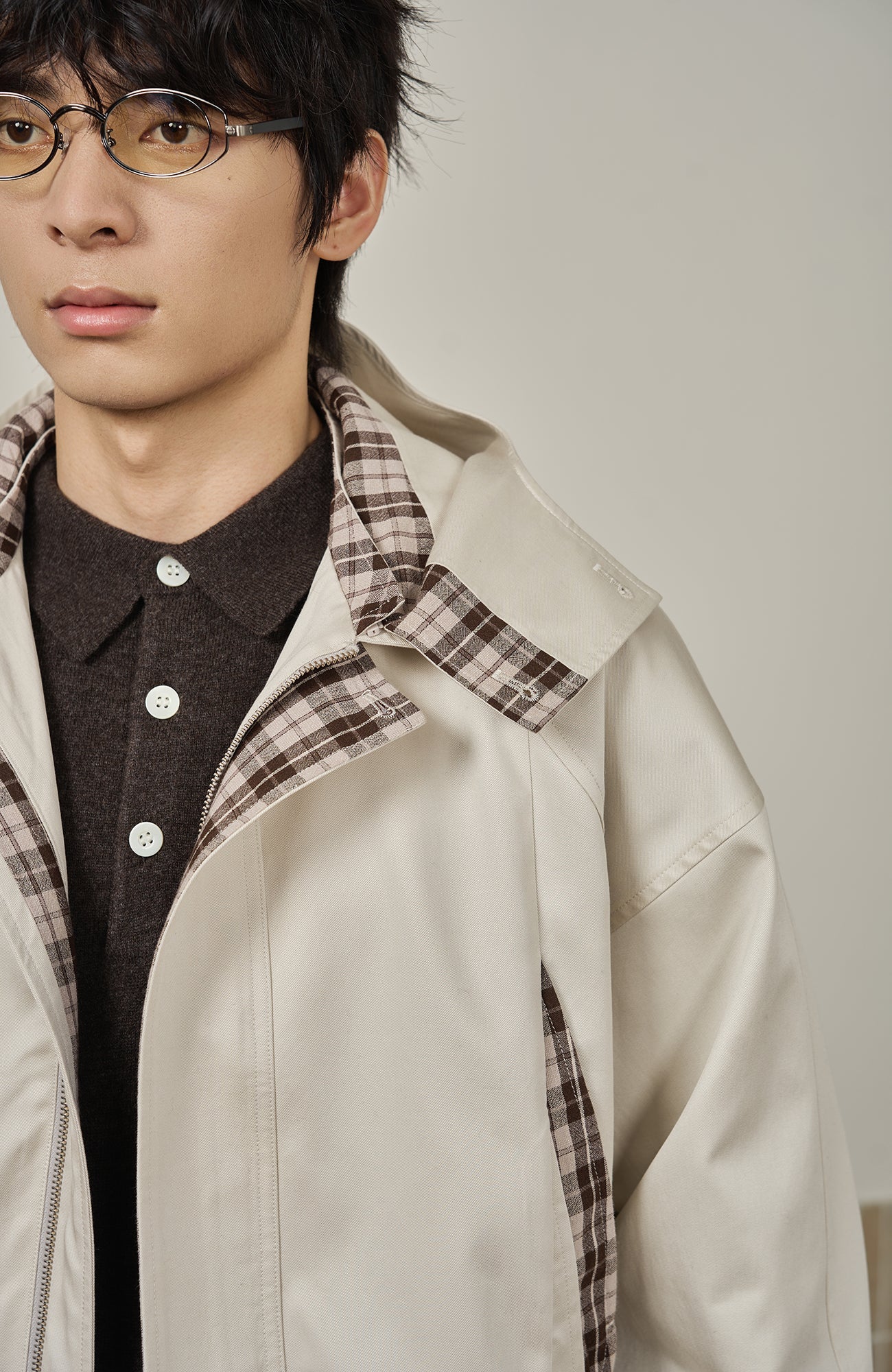 MOITIEDEPETALE Convertible Collar & Hood Plaid Pocket Jacket