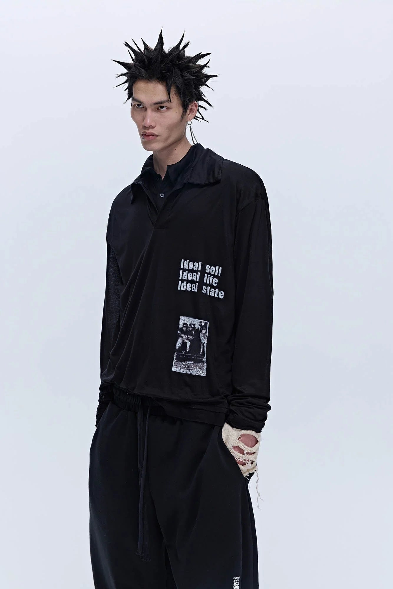 SAVAGEGROWTHWORLD Layered-Collar Slogan Polo Long-Sleeve T-Shirt