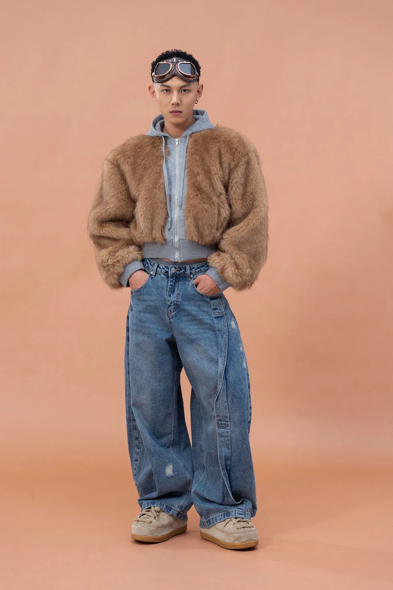 CLP Pleated Knee Wide-Leg Denim Pants