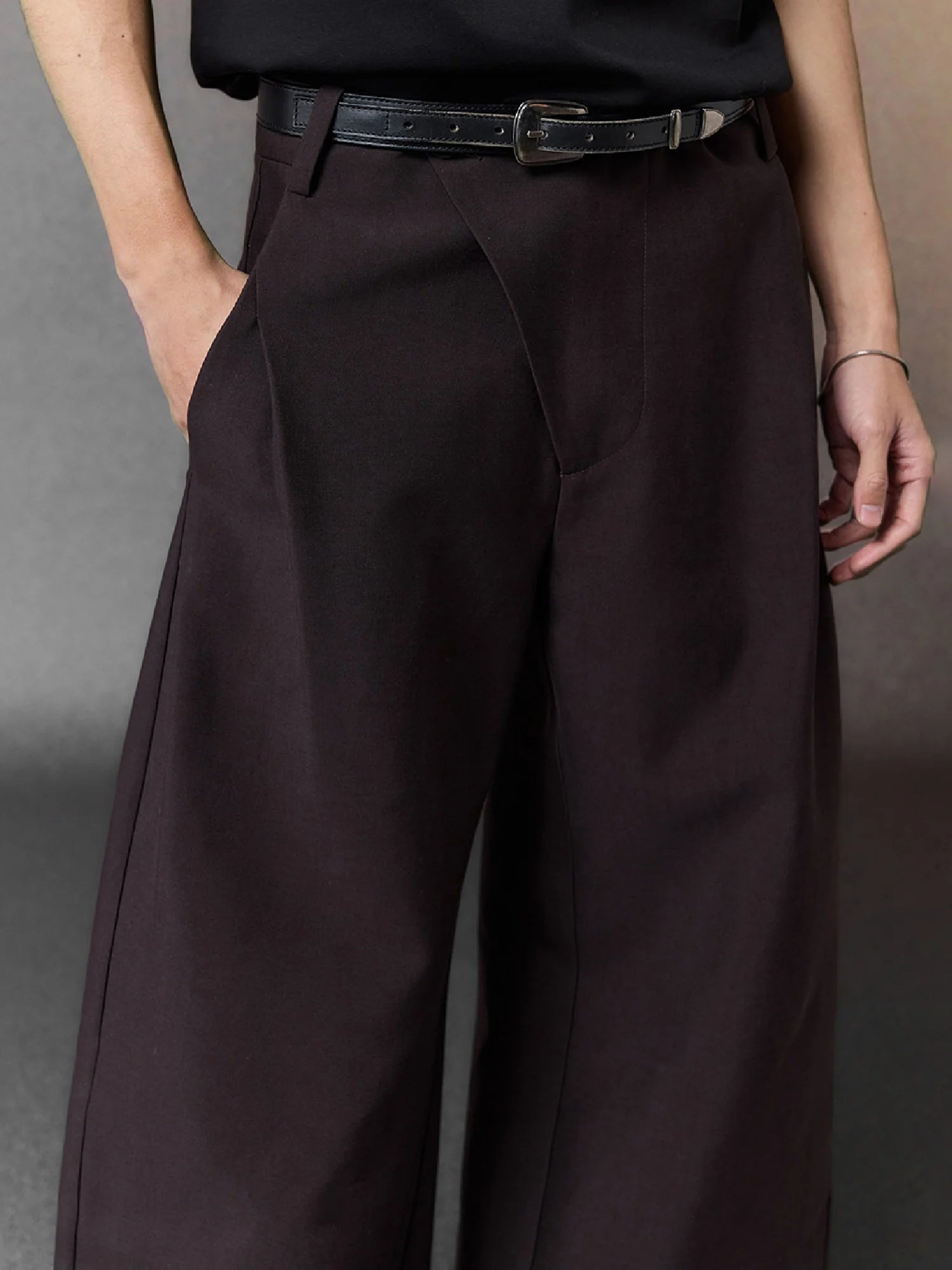 ALVNG AR ANTS Asymmetric Pleated Wool-Blend Wide-Leg Trousers