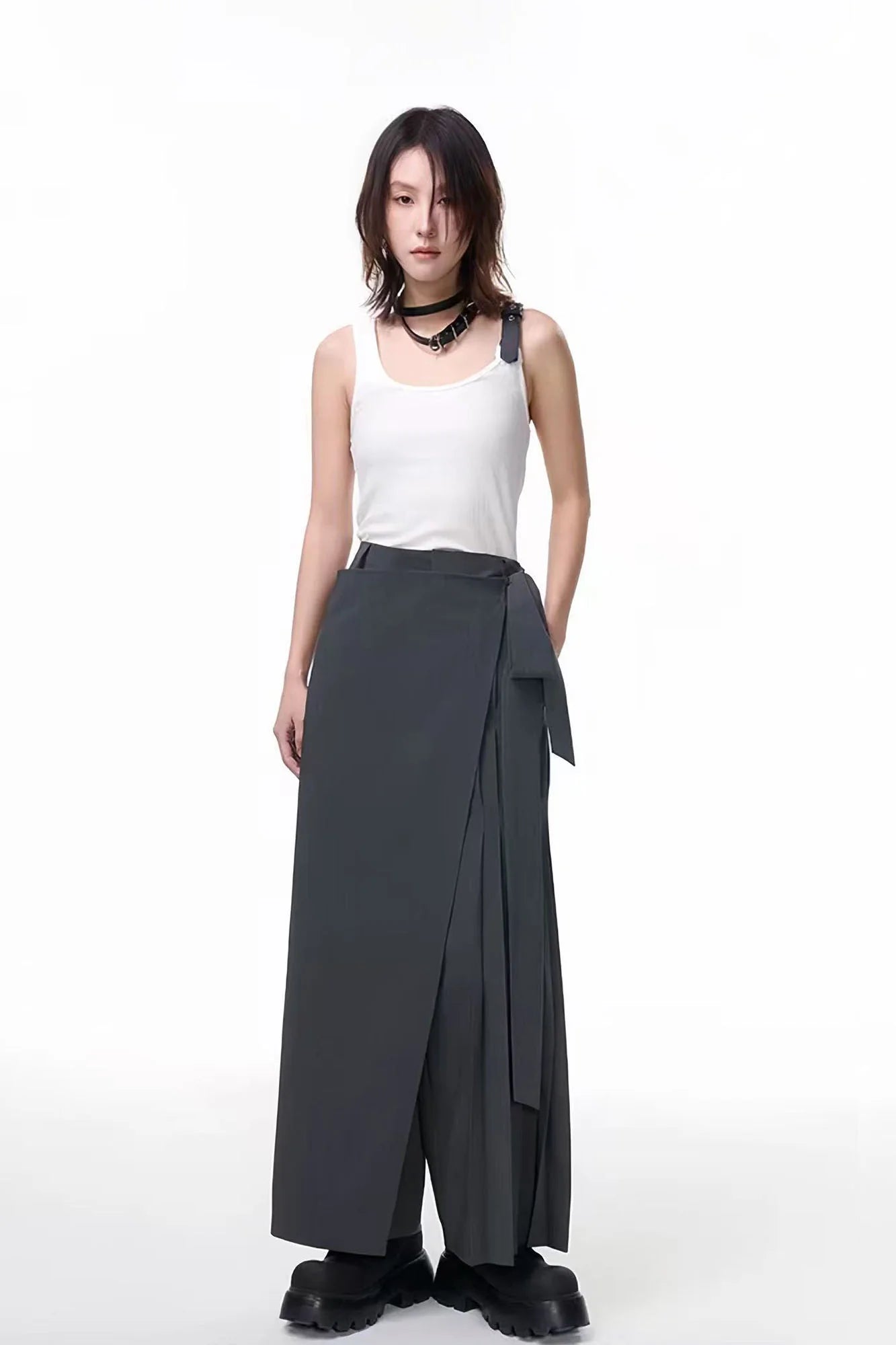 TUIMU Asymmetrical Wrap Pleated Wide-Leg Trousers