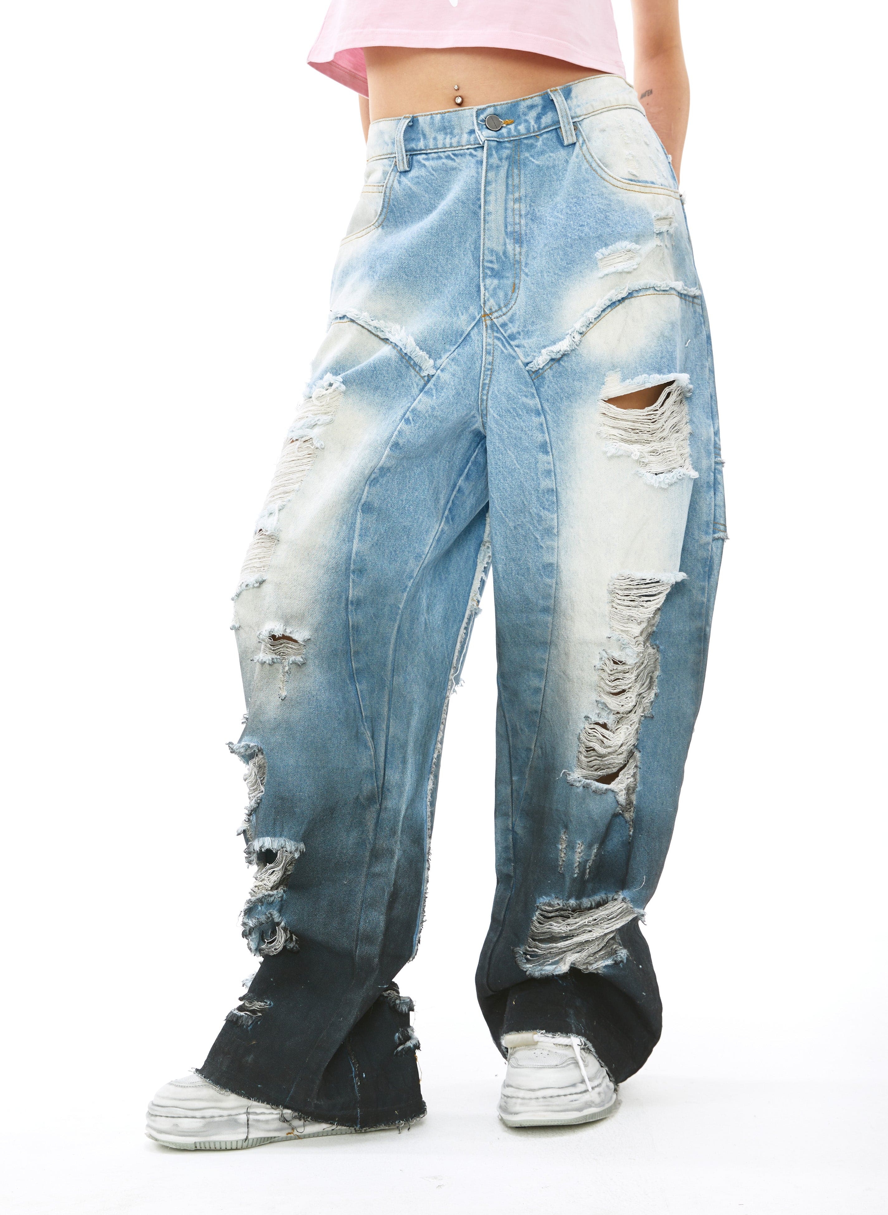 VANN VALRENCE Distressed Gradient Wash Structural Ripped Jeans