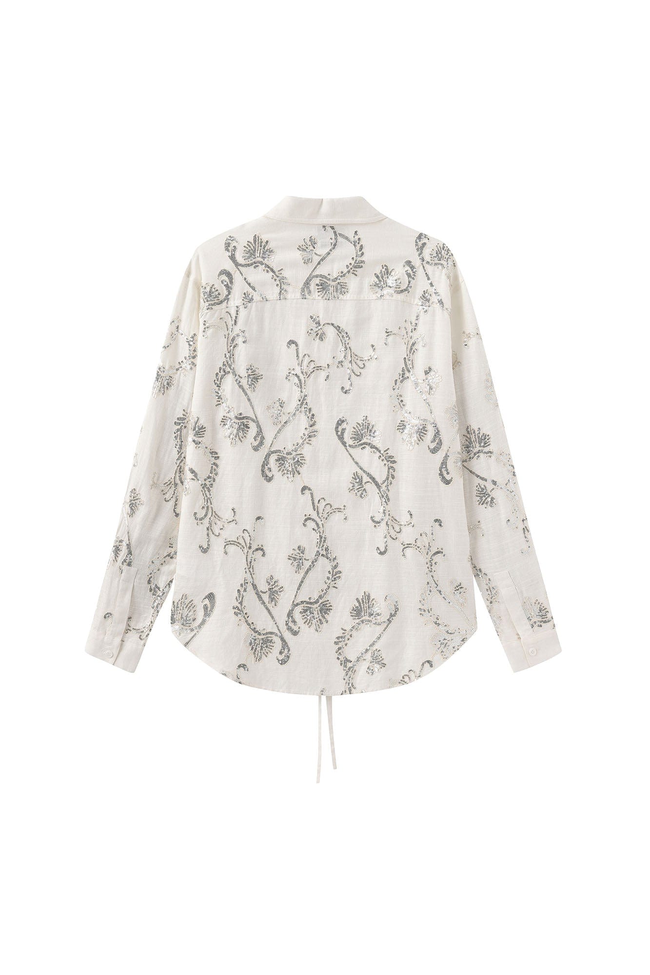 ORAL UTOPIA Ornate Sequin Embroidered Linen-Blended Tie Shirt