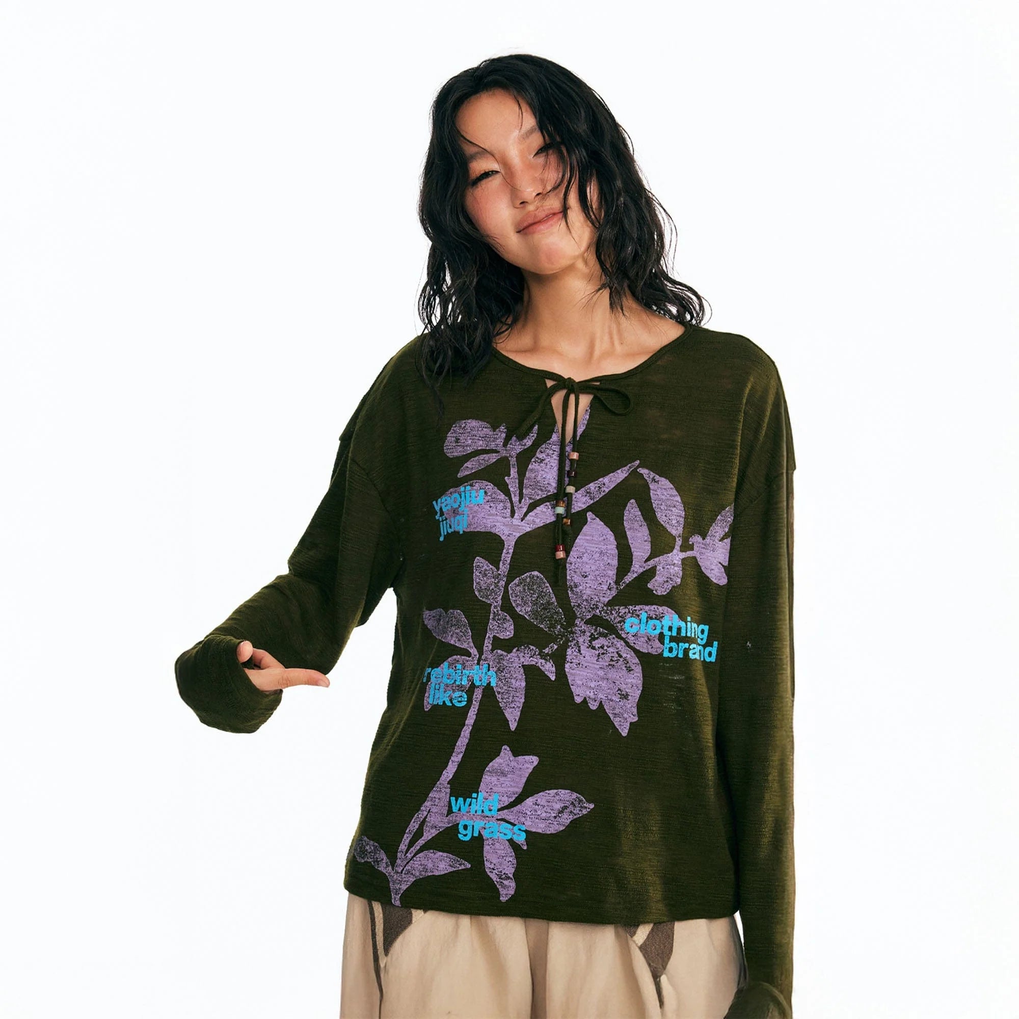 1997 POSTOFFICE Sesame Leaves Drawstring Neck Long-Sleeve Tee