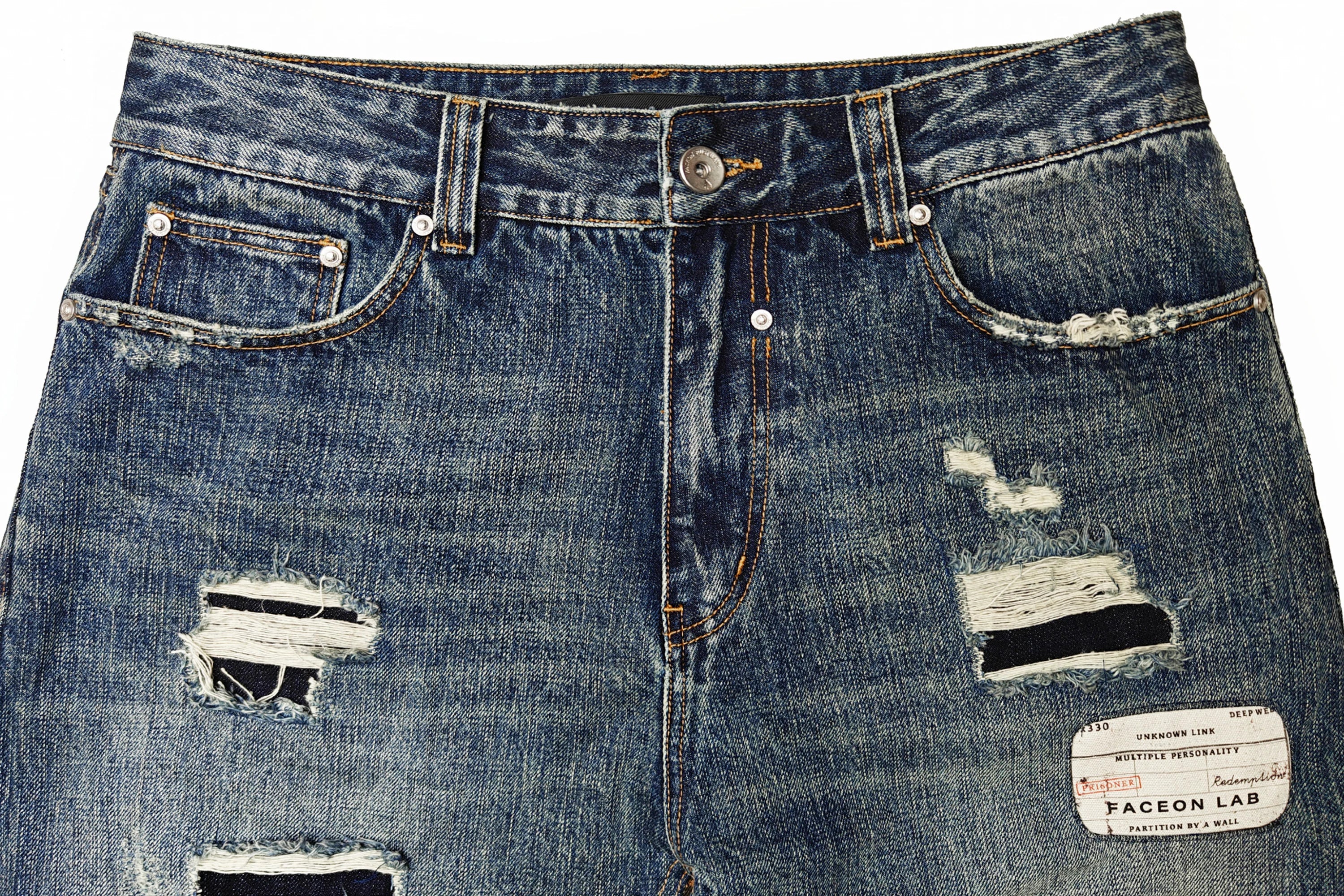 FACEONLAB Distressed Patch Leopard Paneled Jeans