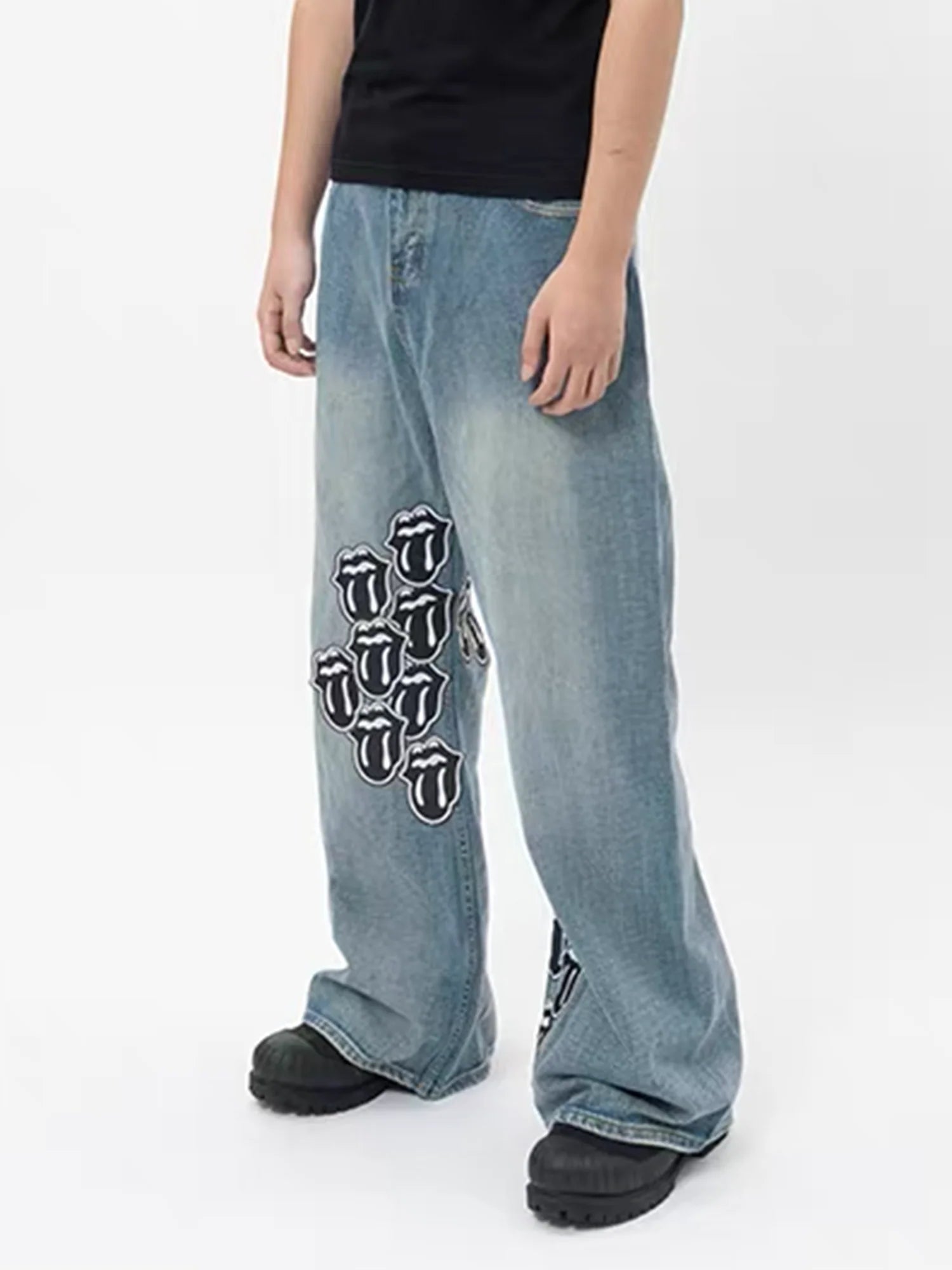 NOTHINGNESS WORLD Washed Tongue Embroidered Denim Pants