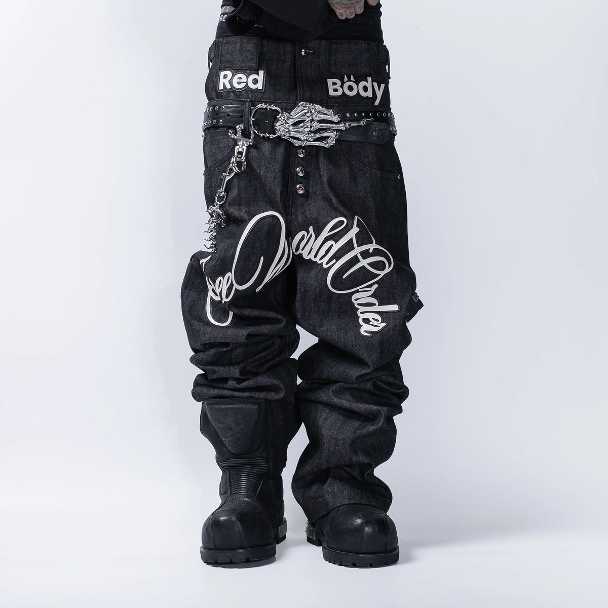 FVVO Layered-Waist Patterned Studded Jeans
